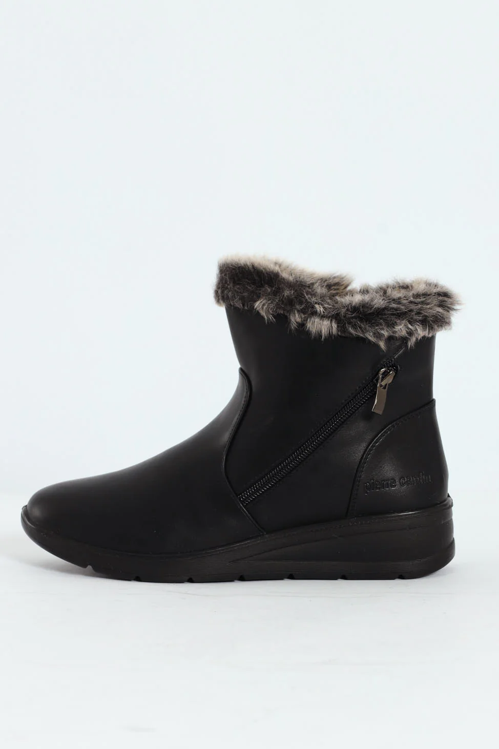 Fur Cuff Side Zip Mid Wedge Ankle Boot - Black - Image 2