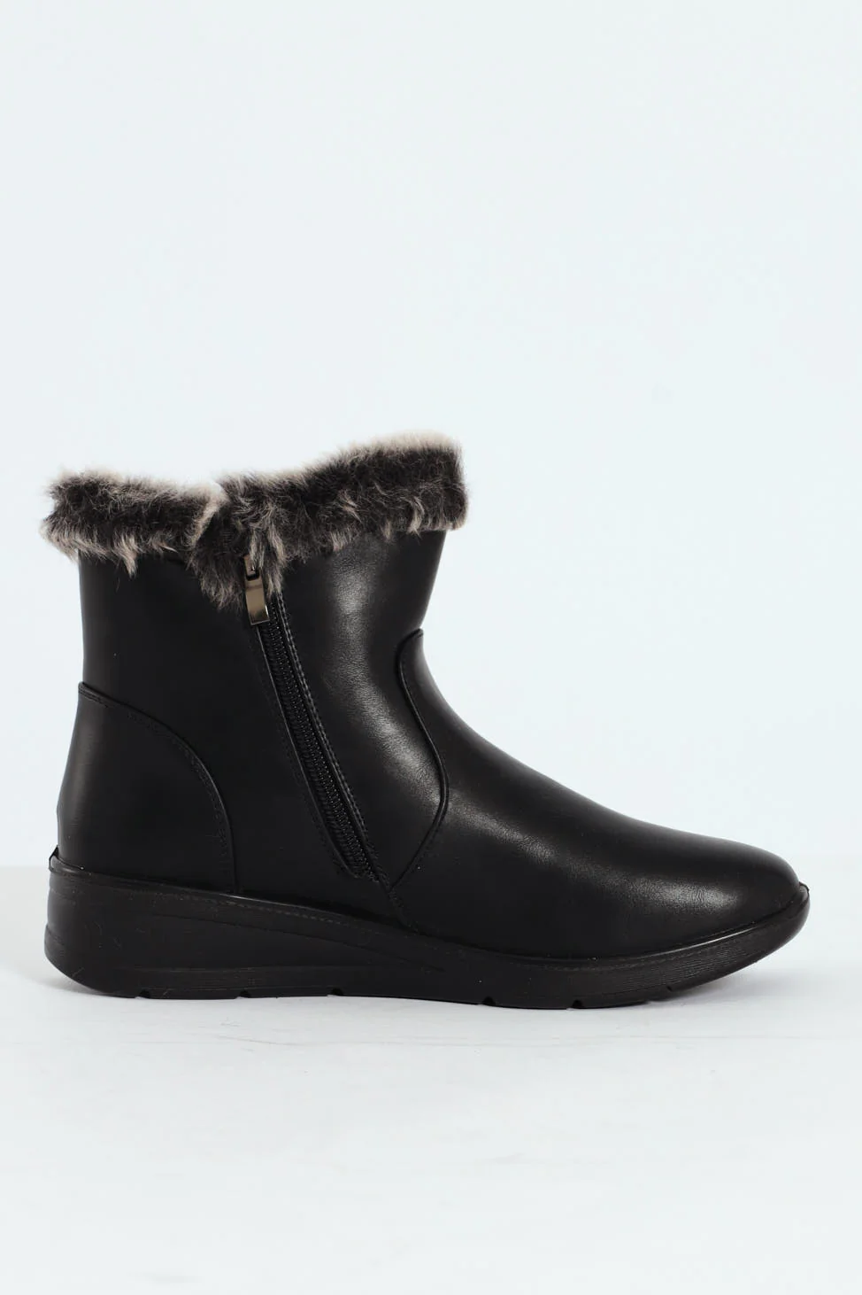 Fur Cuff Side Zip Mid Wedge Ankle Boot - Black - Image 3