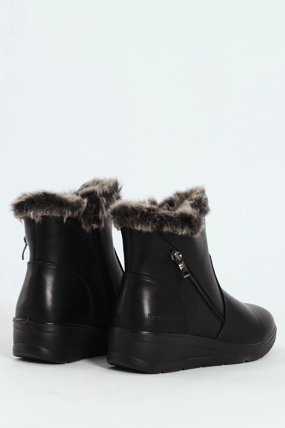 Fur Cuff Side Zip Mid Wedge Ankle Boot - Black - Image 4