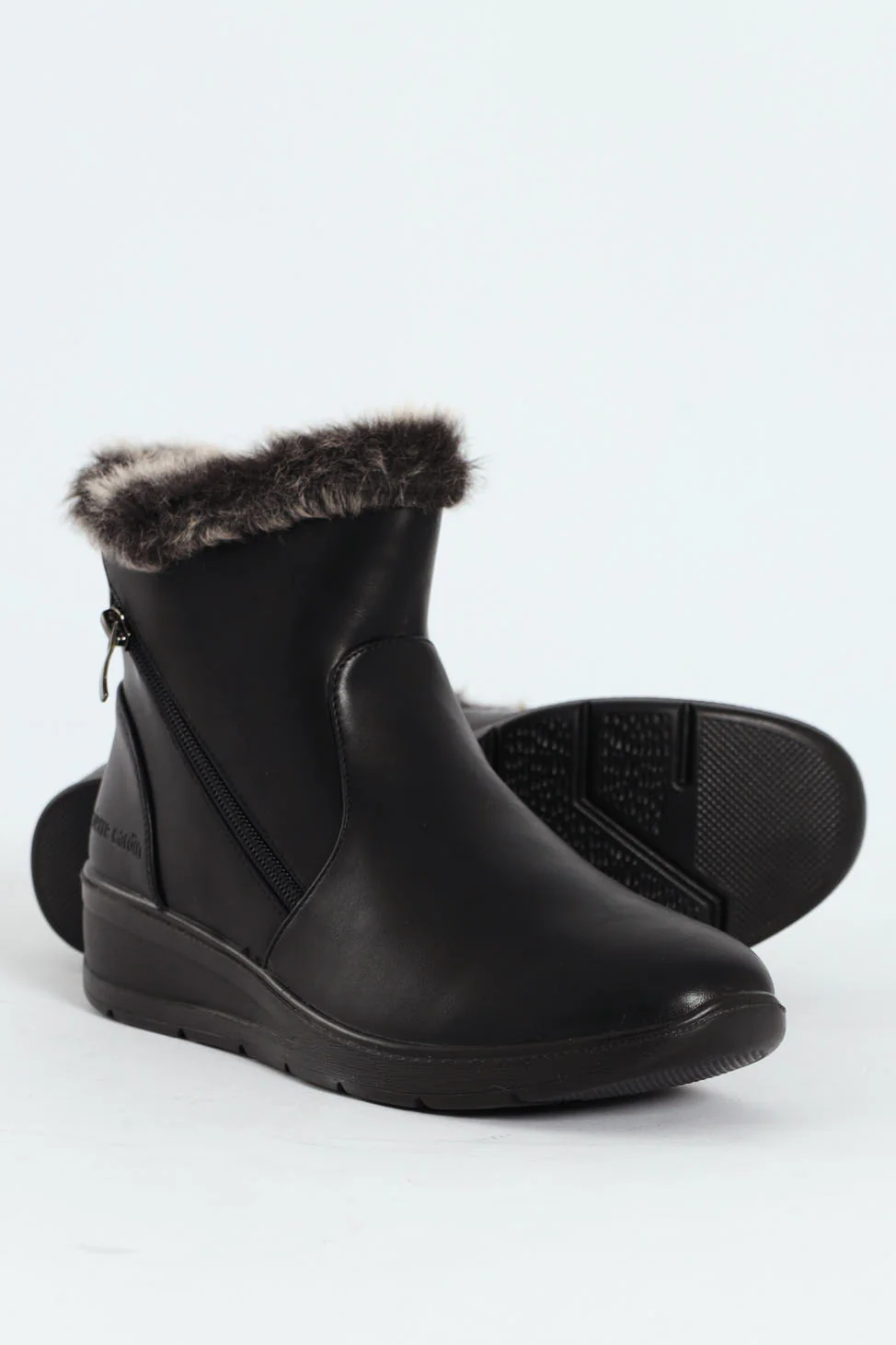 Fur Cuff Side Zip Mid Wedge Ankle Boot - Black - Image 5
