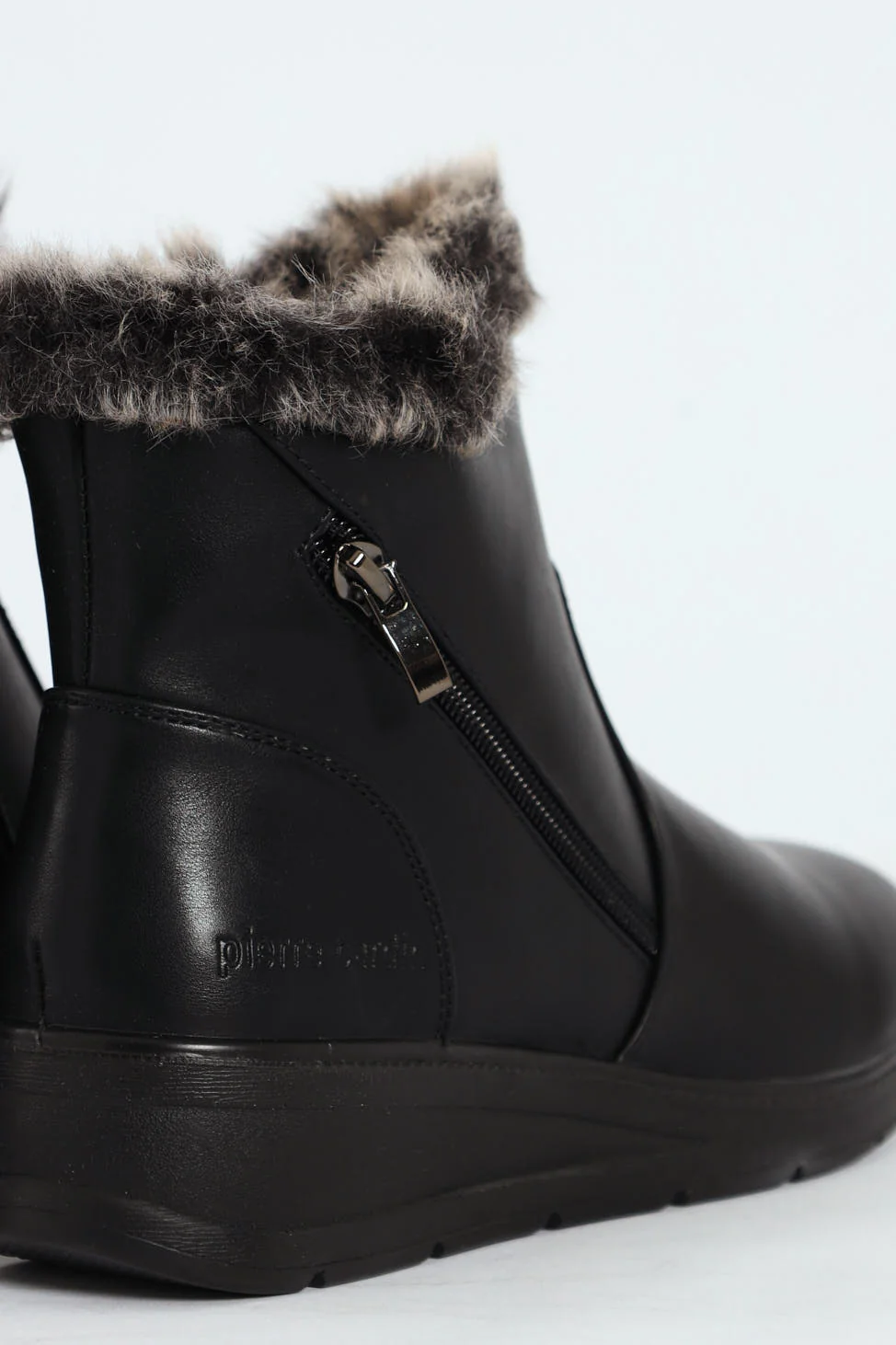 Fur Cuff Side Zip Mid Wedge Ankle Boot - Black - Image 6