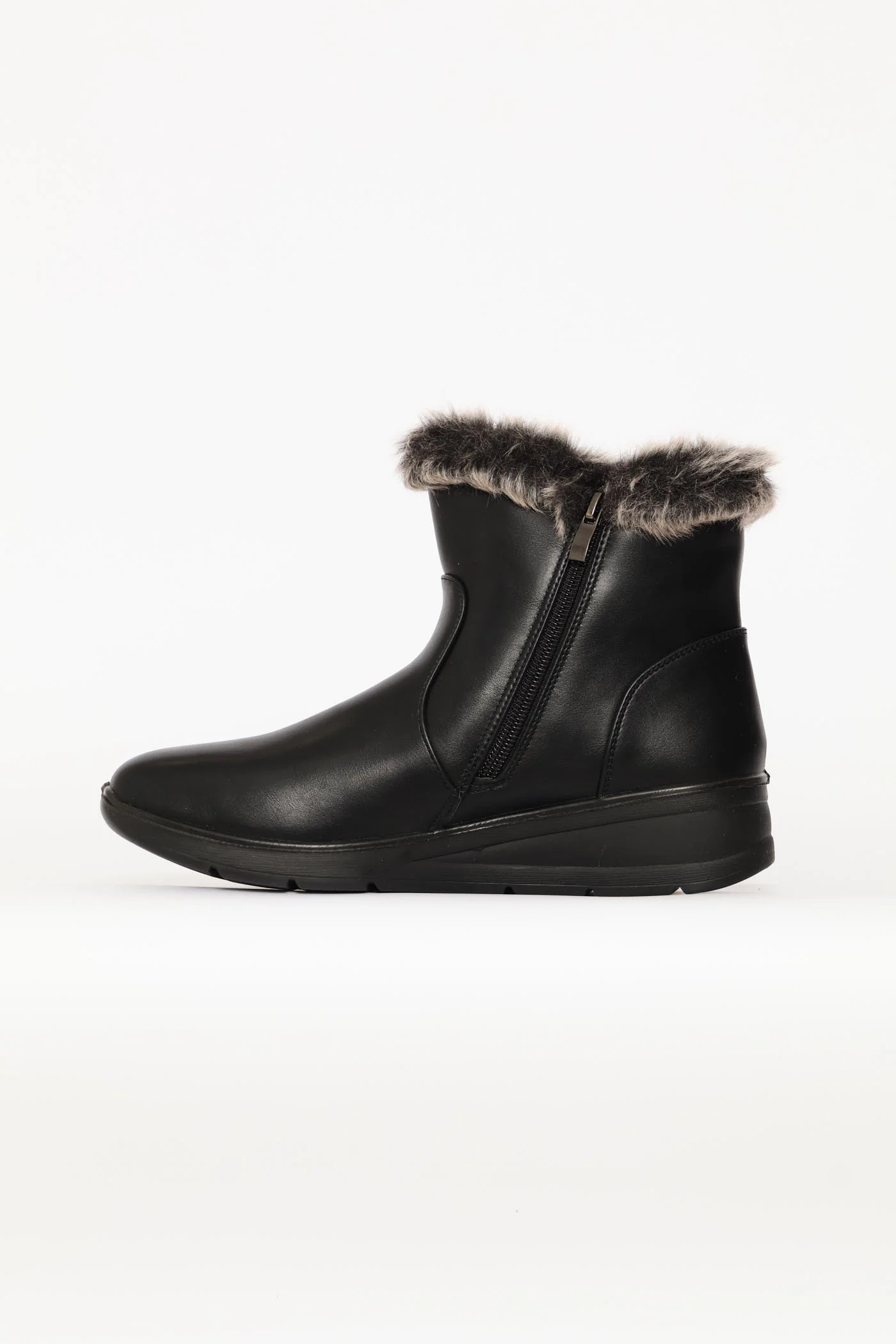 Jewelle Fur Cuff Side Zip Mid Wedge Ankle Boot - Black - Image 3