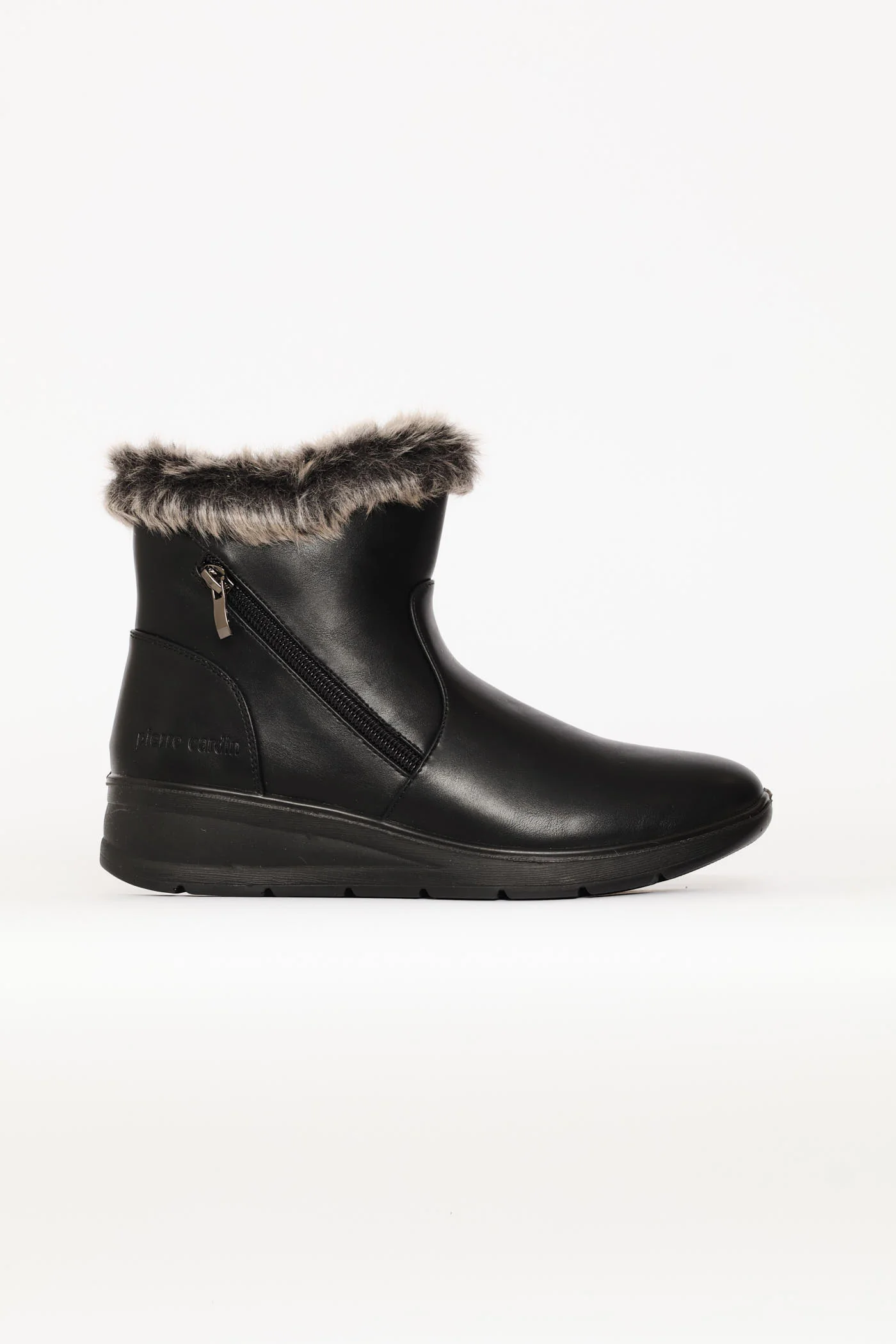 Jewelle Fur Cuff Side Zip Mid Wedge Ankle Boot - Black - Image 4