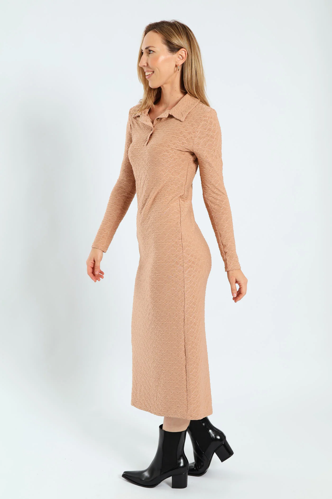 Johnny Collar Pebble Knit Column Midaxi Dress - Brown - Image 3