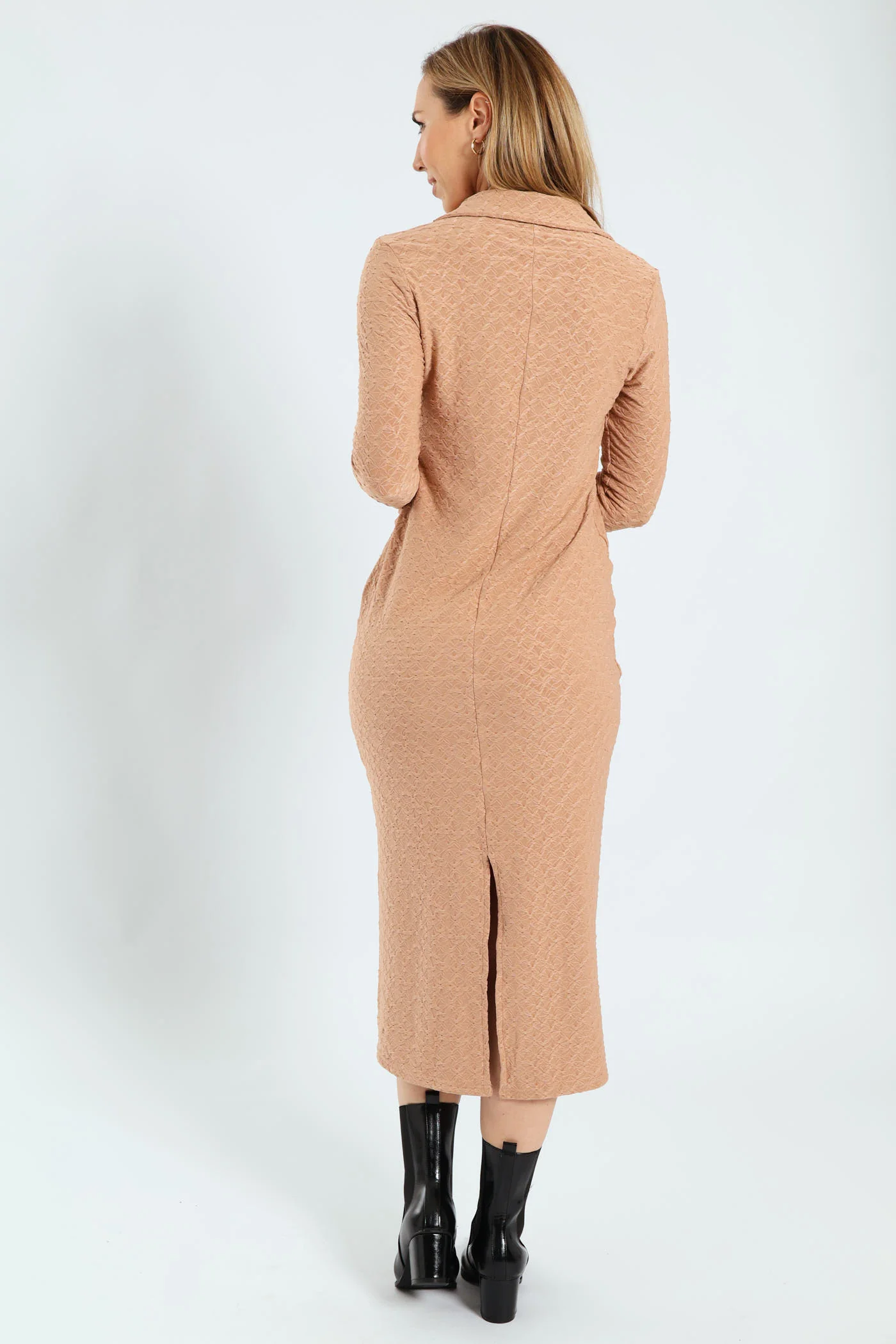 Johnny Collar Pebble Knit Column Midaxi Dress - Brown - Image 4