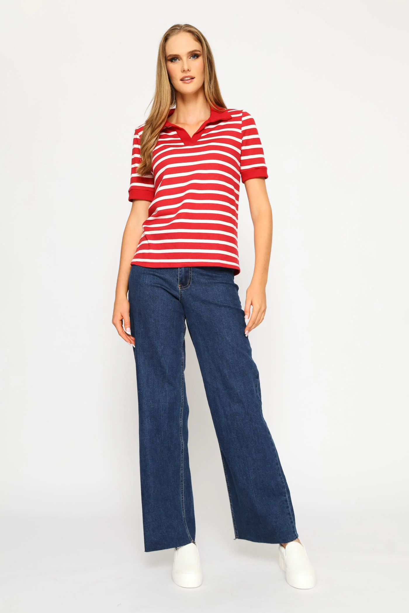 Johnny Collar Stripe Top - White/Red - Image 6