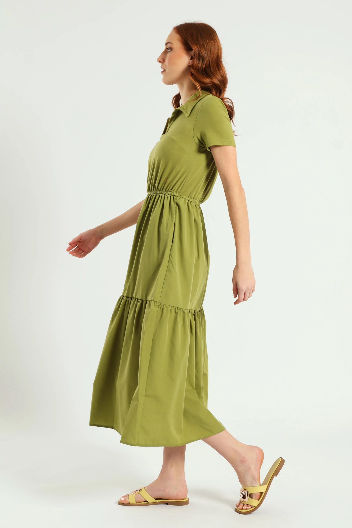 Jonny Collar Tiered Cotton Combo Midaxi Dress - Olive - Image 2