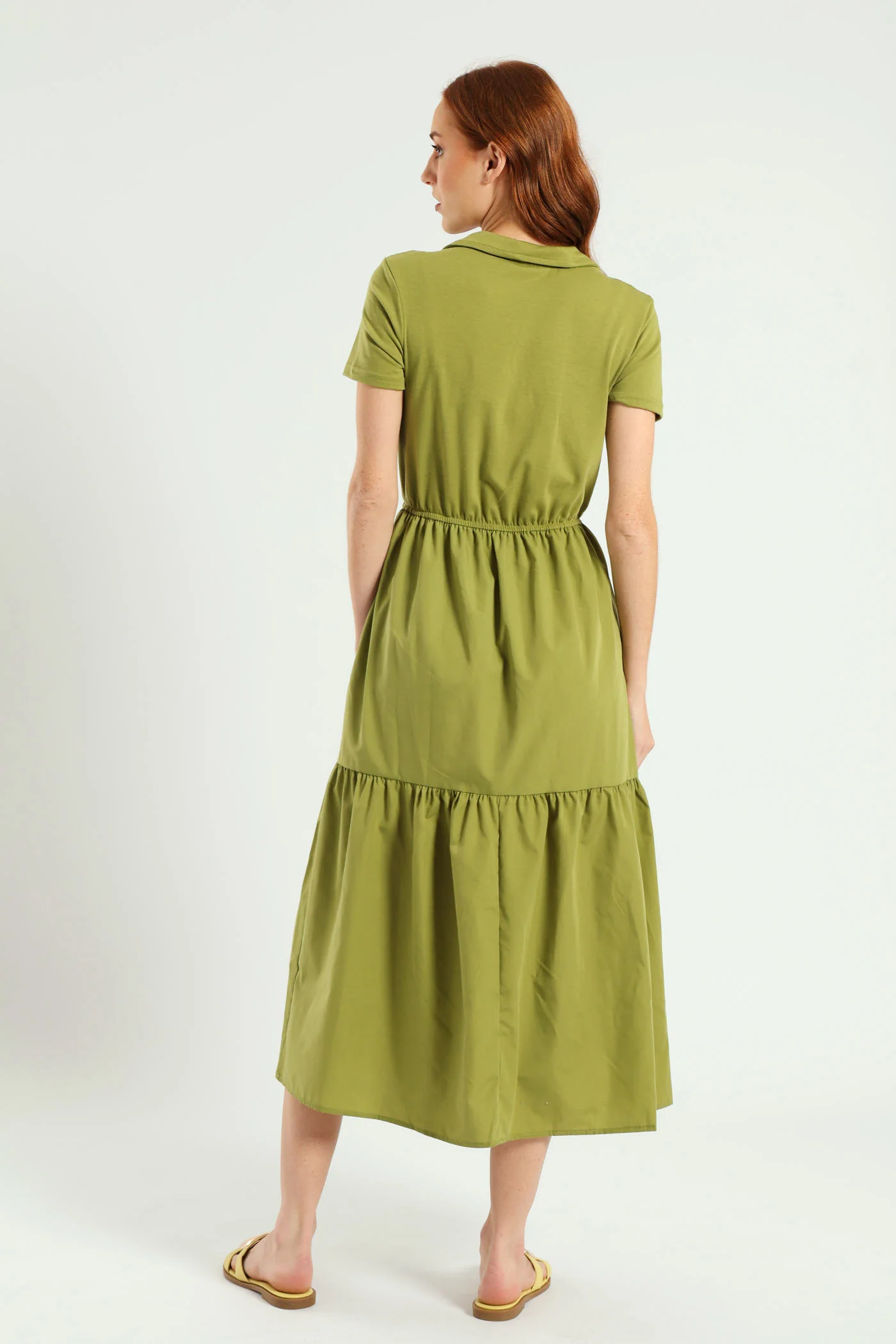 Jonny Collar Tiered Cotton Combo Midaxi Dress - Olive - Image 3