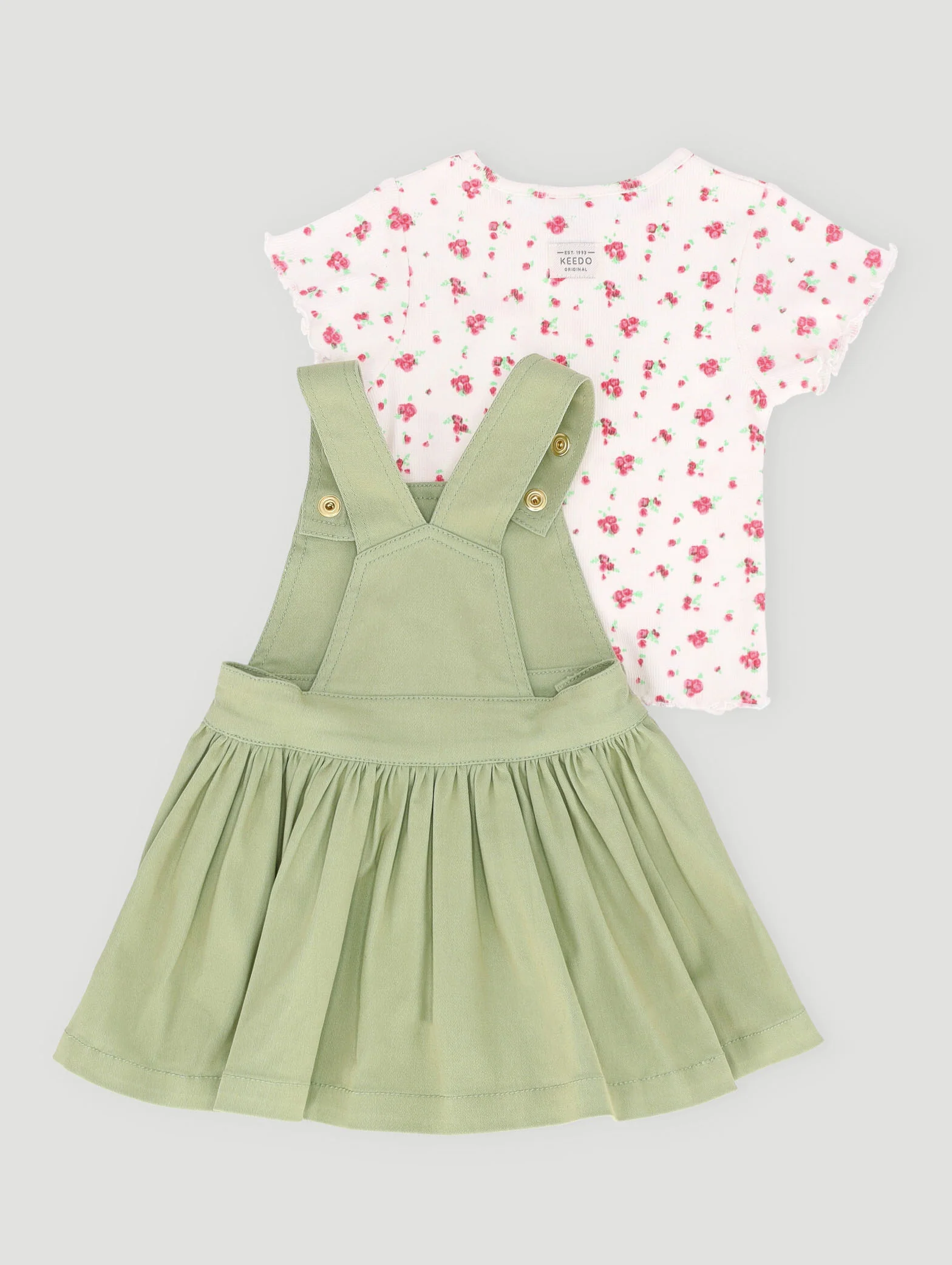 Keedo Baby Girls Denim Pinni & Printed Tee - Sage - Image 3