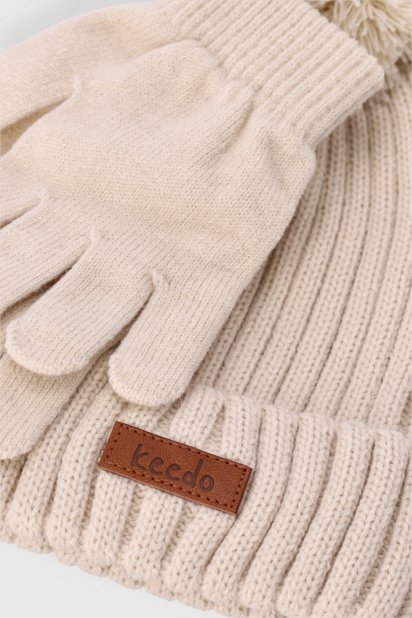 Keedo Girls Beanie & Glove Set - Beige - Image 2