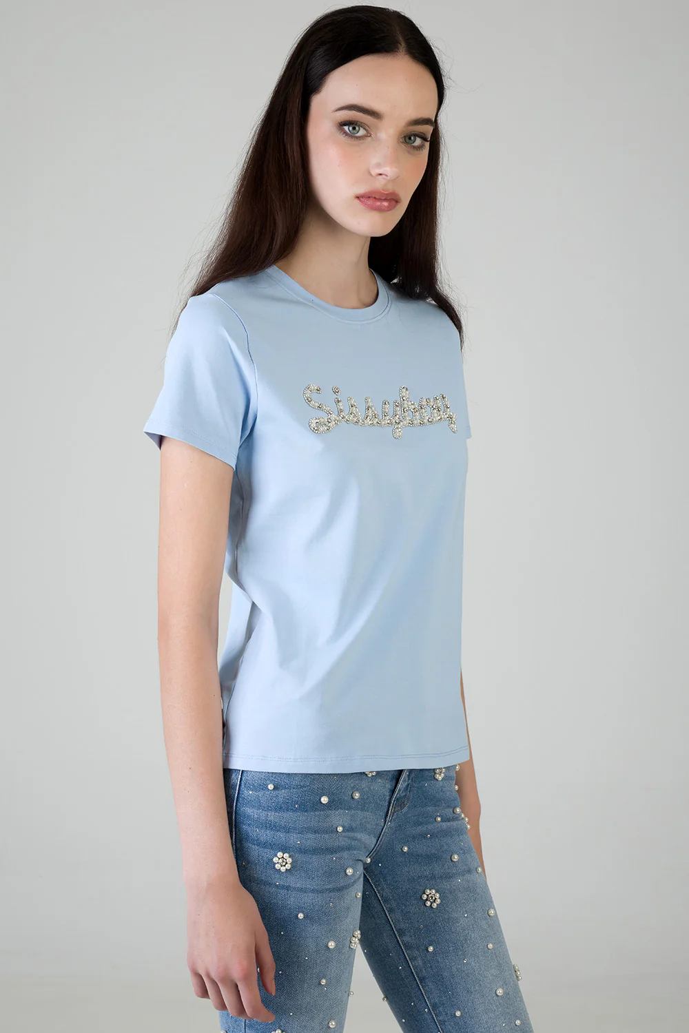 Keep It Cool: Regualr T-Shirt With Raised Pearl - Blue - Image 3