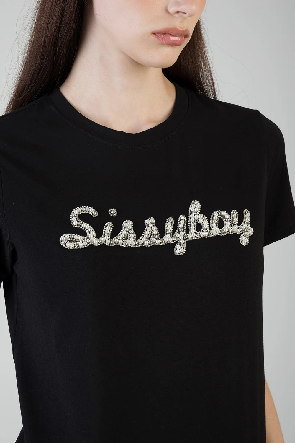 Keep It Cool: Regular T-Shirt With Raised Pearl Detail - Black - Image 2