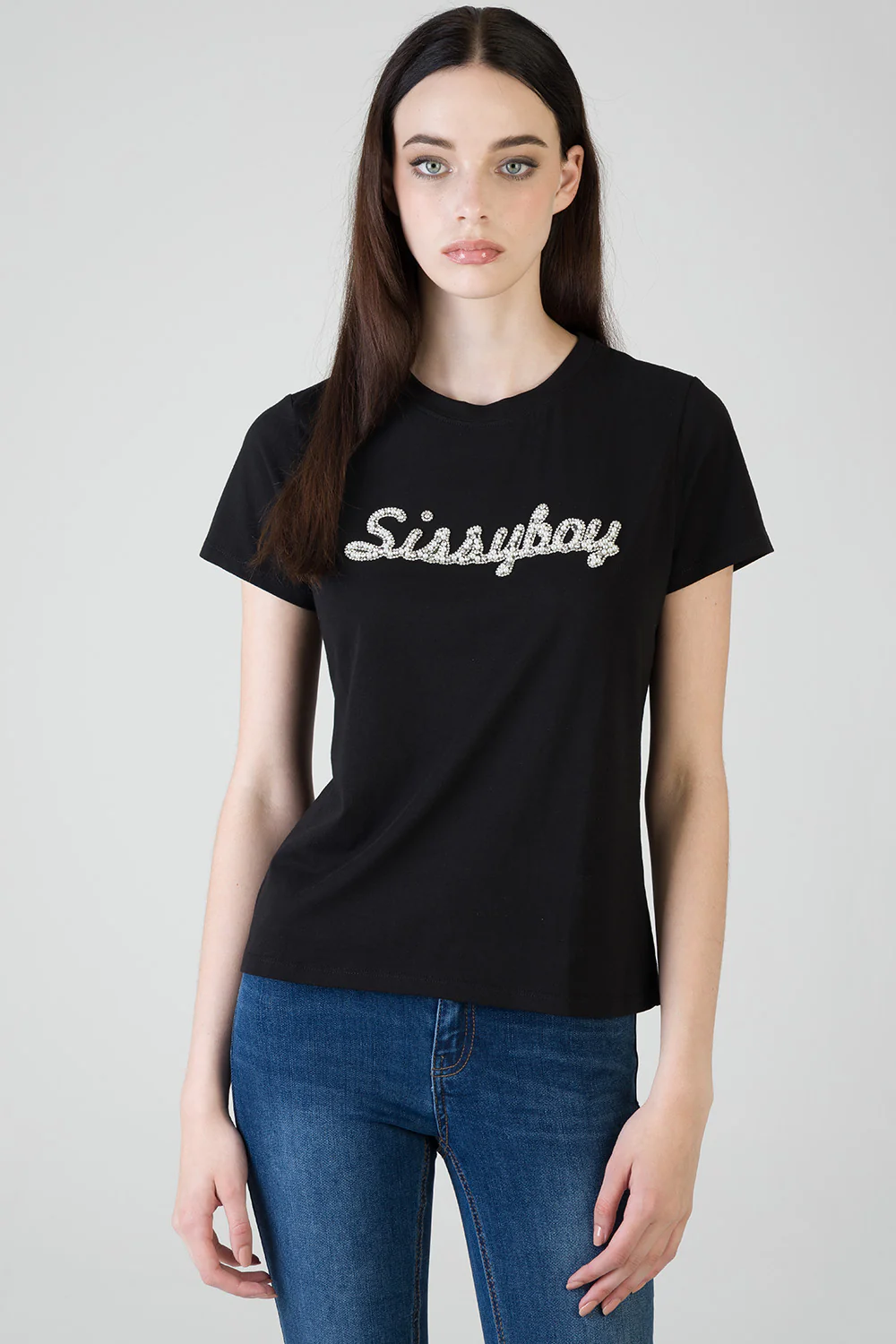 Keep It Cool: Regular T-Shirt With Raised Pearl Detail - Black - Image 3