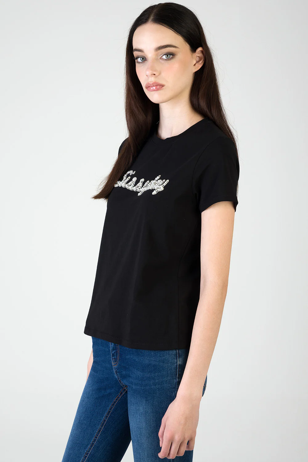 Keep It Cool: Regular T-Shirt With Raised Pearl Detail - Black - Image 4