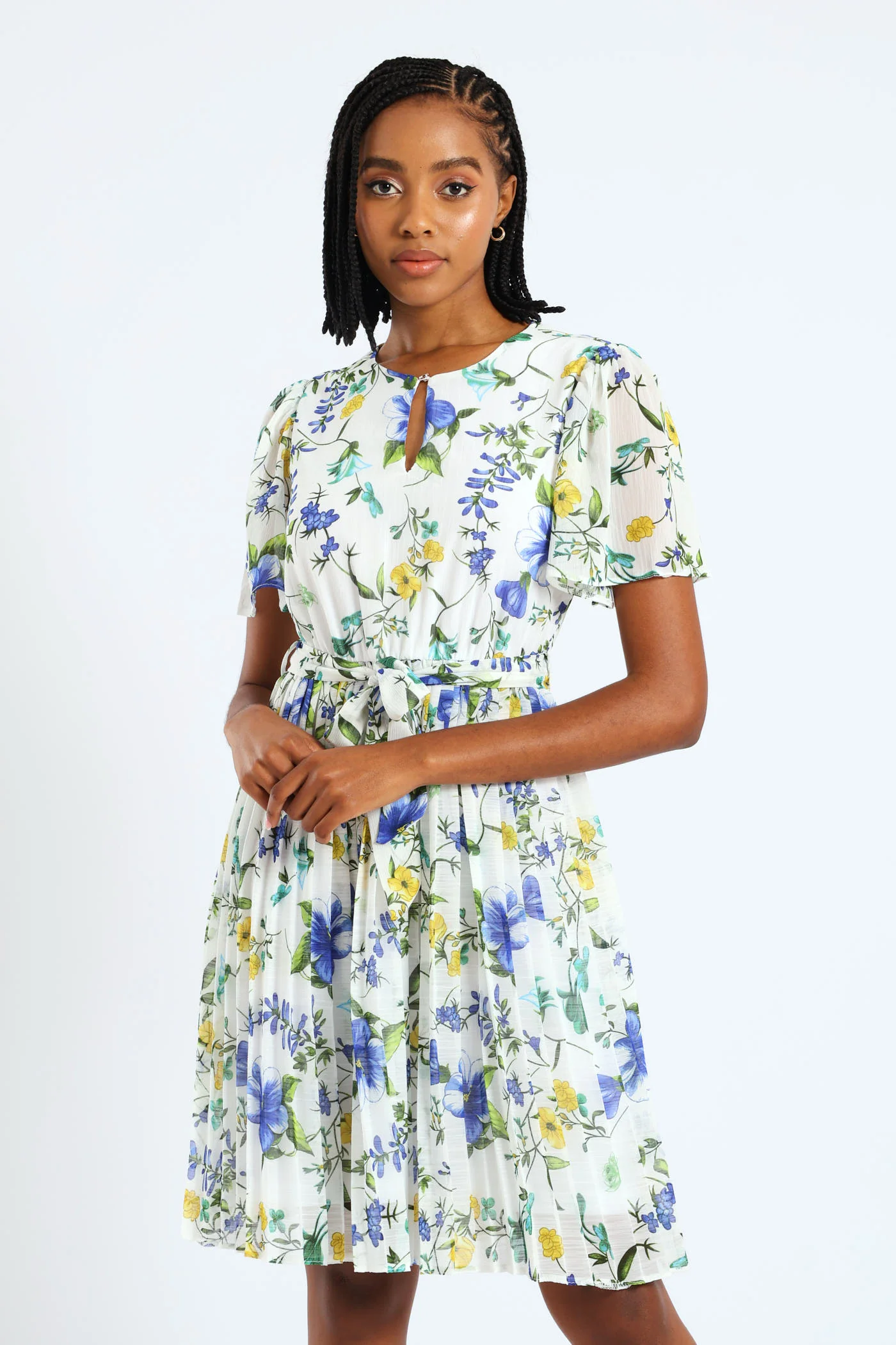 Keyhole Floral Pleated Tea Dress - Blue - Image 2