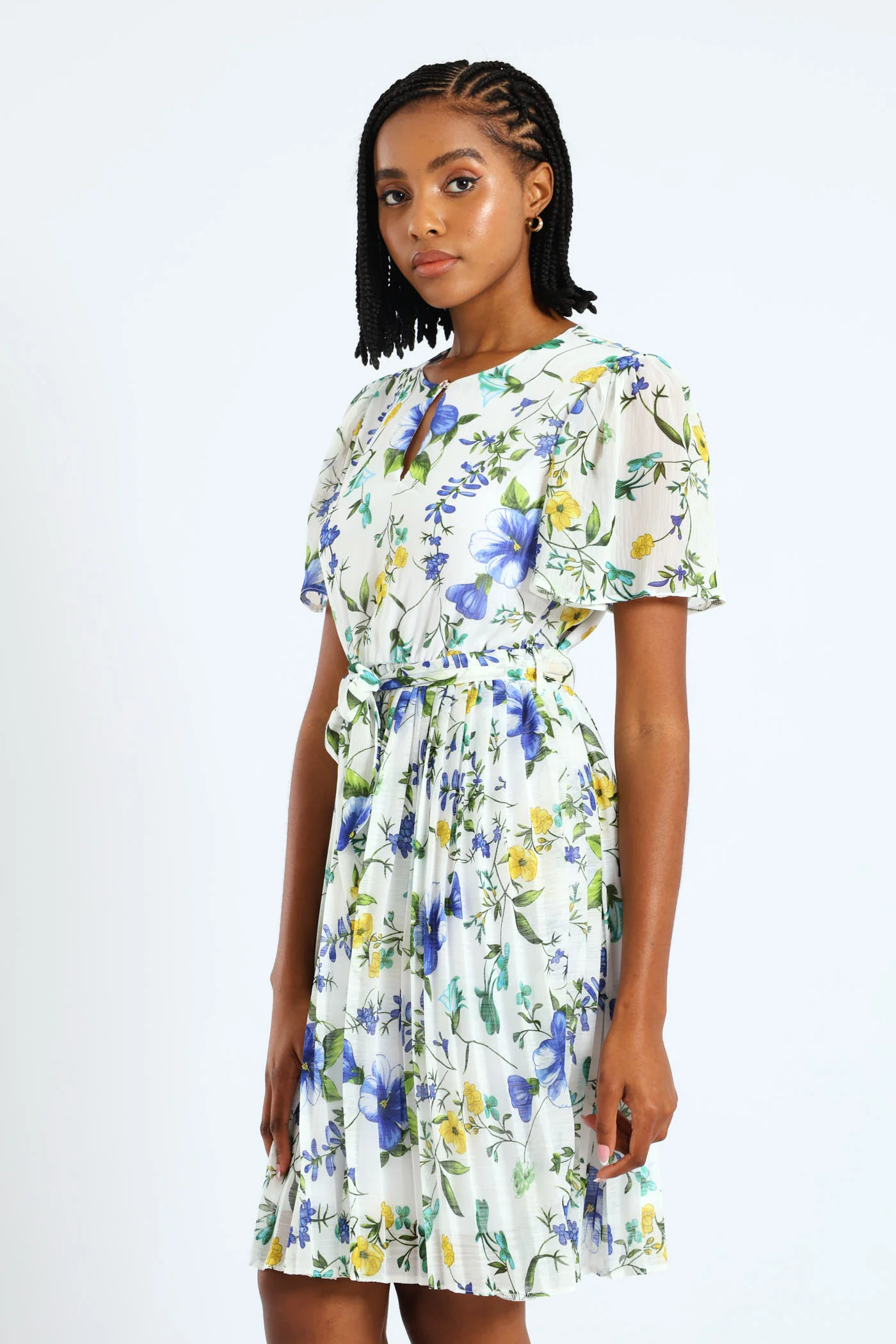 Keyhole Floral Pleated Tea Dress - Blue - Image 3