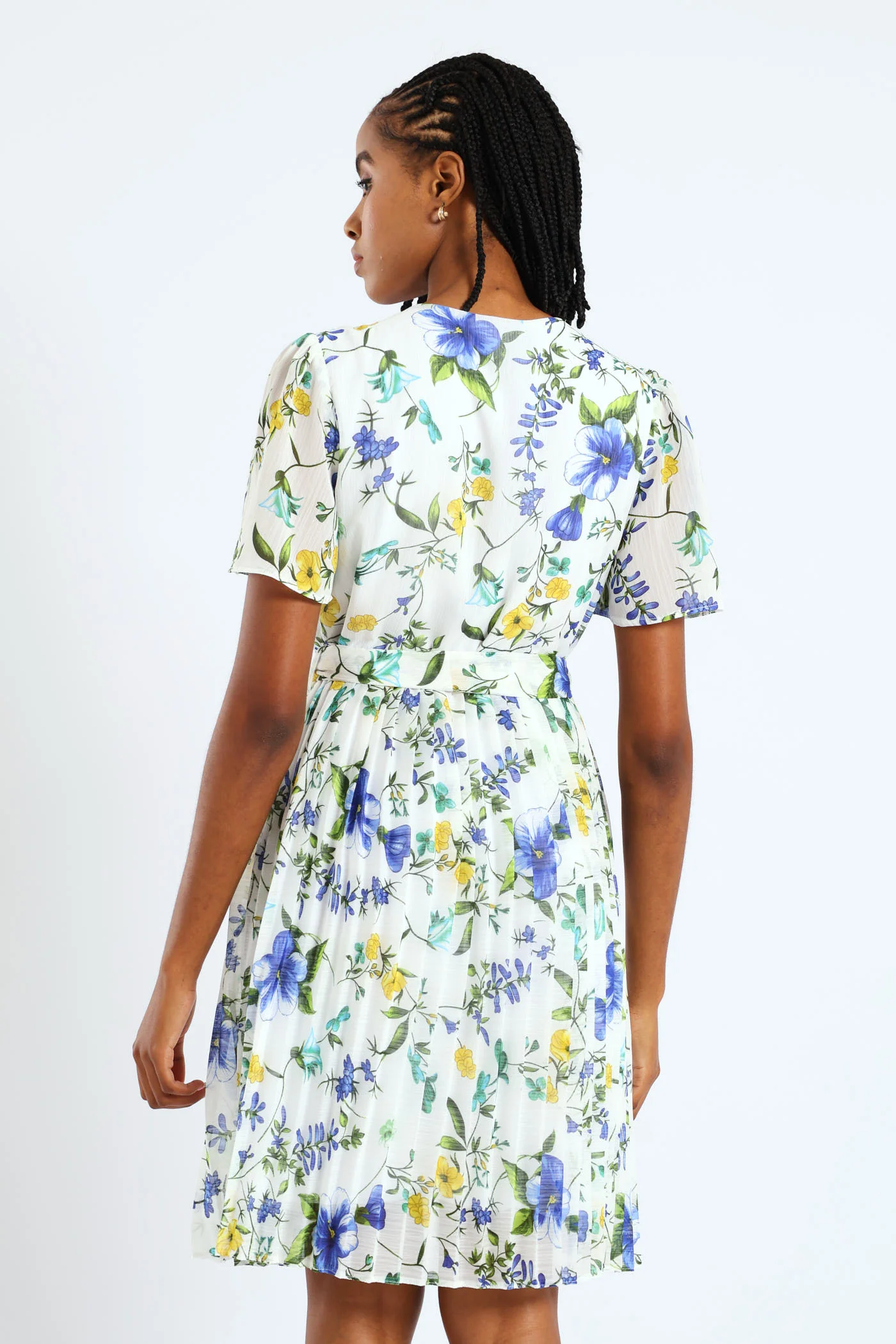Keyhole Floral Pleated Tea Dress - Blue - Image 4