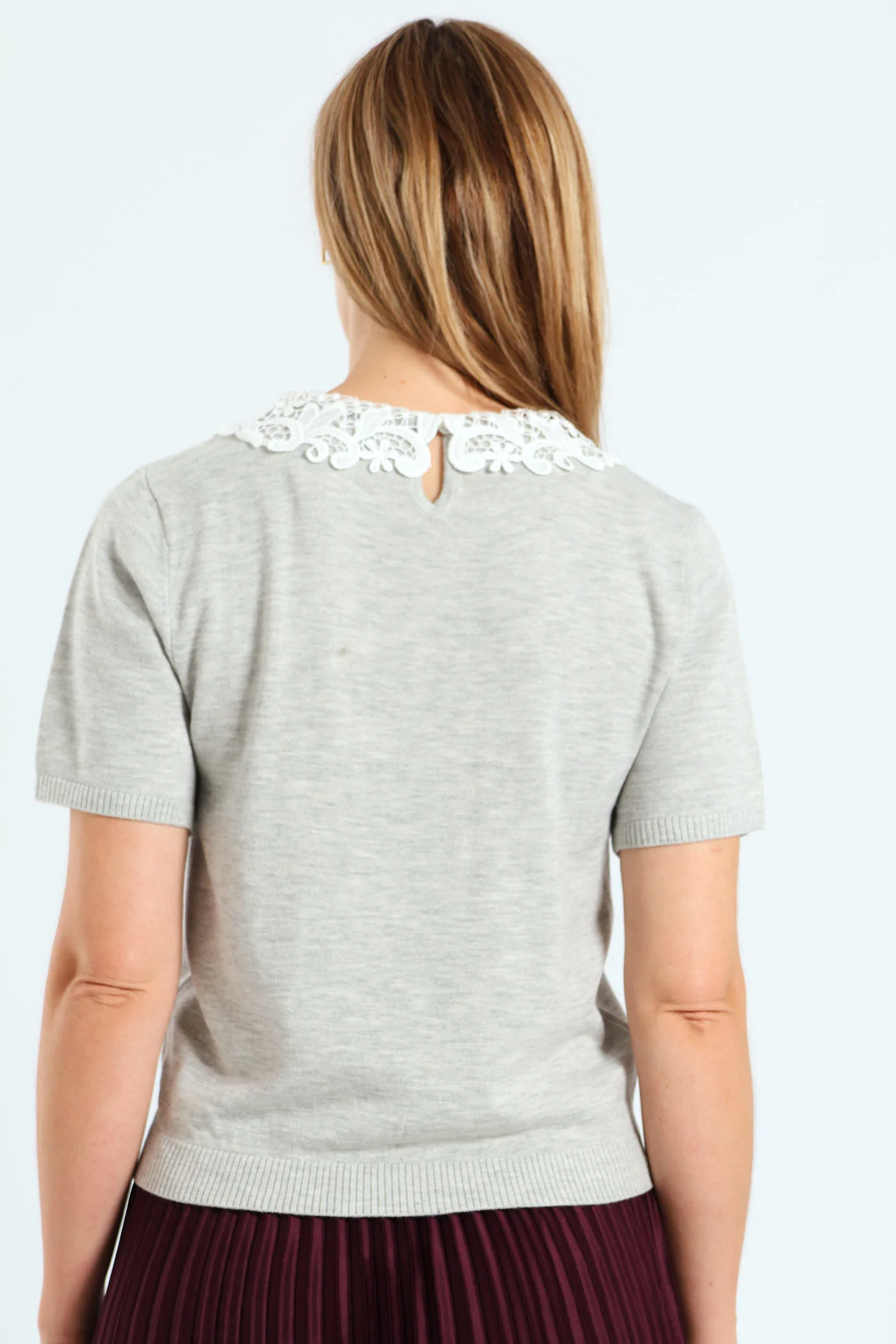 Keyhole Preppy Pullover Tee - Grey Melange - Image 3