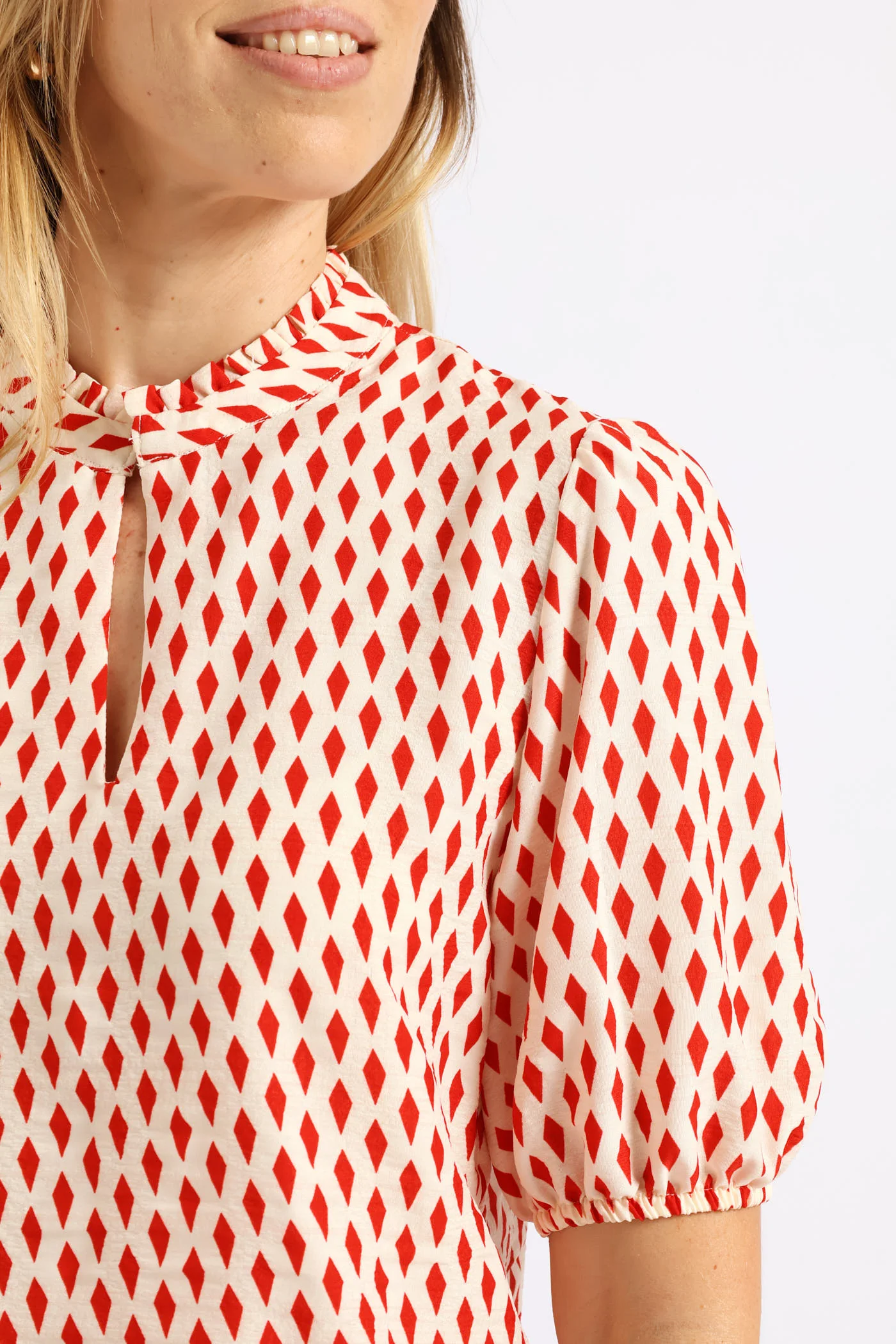 Keyhole Puff Sleeve Blouse - Cream - Image 2