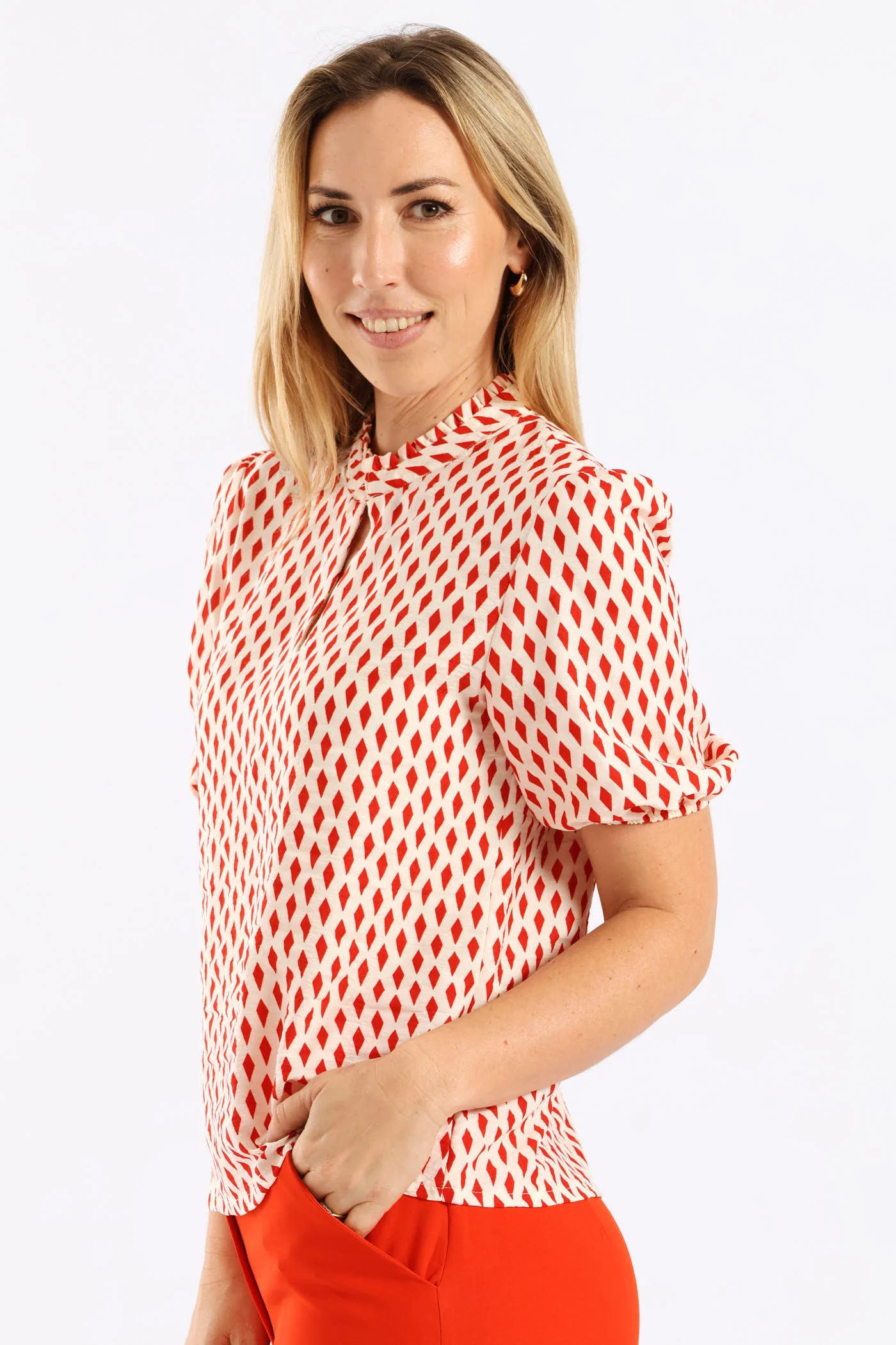 Keyhole Puff Sleeve Blouse - Cream - Image 3