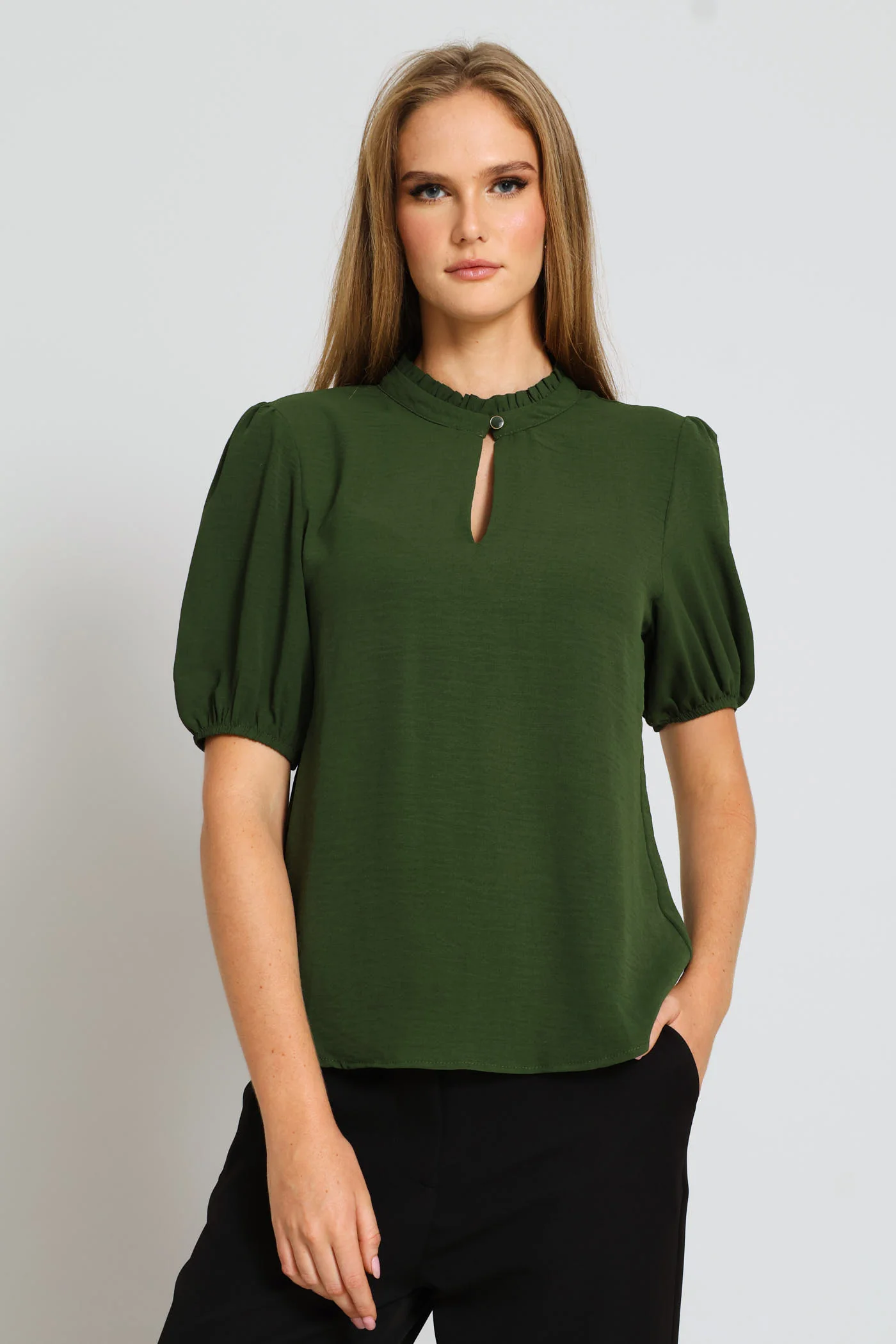Keyhole Puff Sleeve Blouse - Fatigue - Image 4