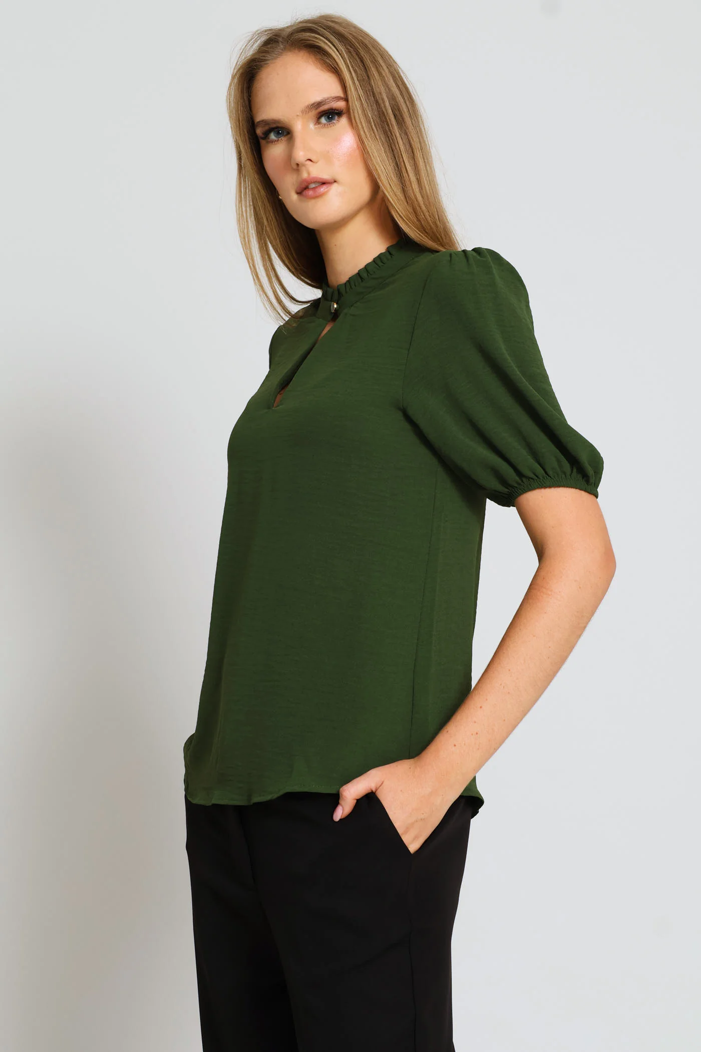 Keyhole Puff Sleeve Blouse - Fatigue - Image 5