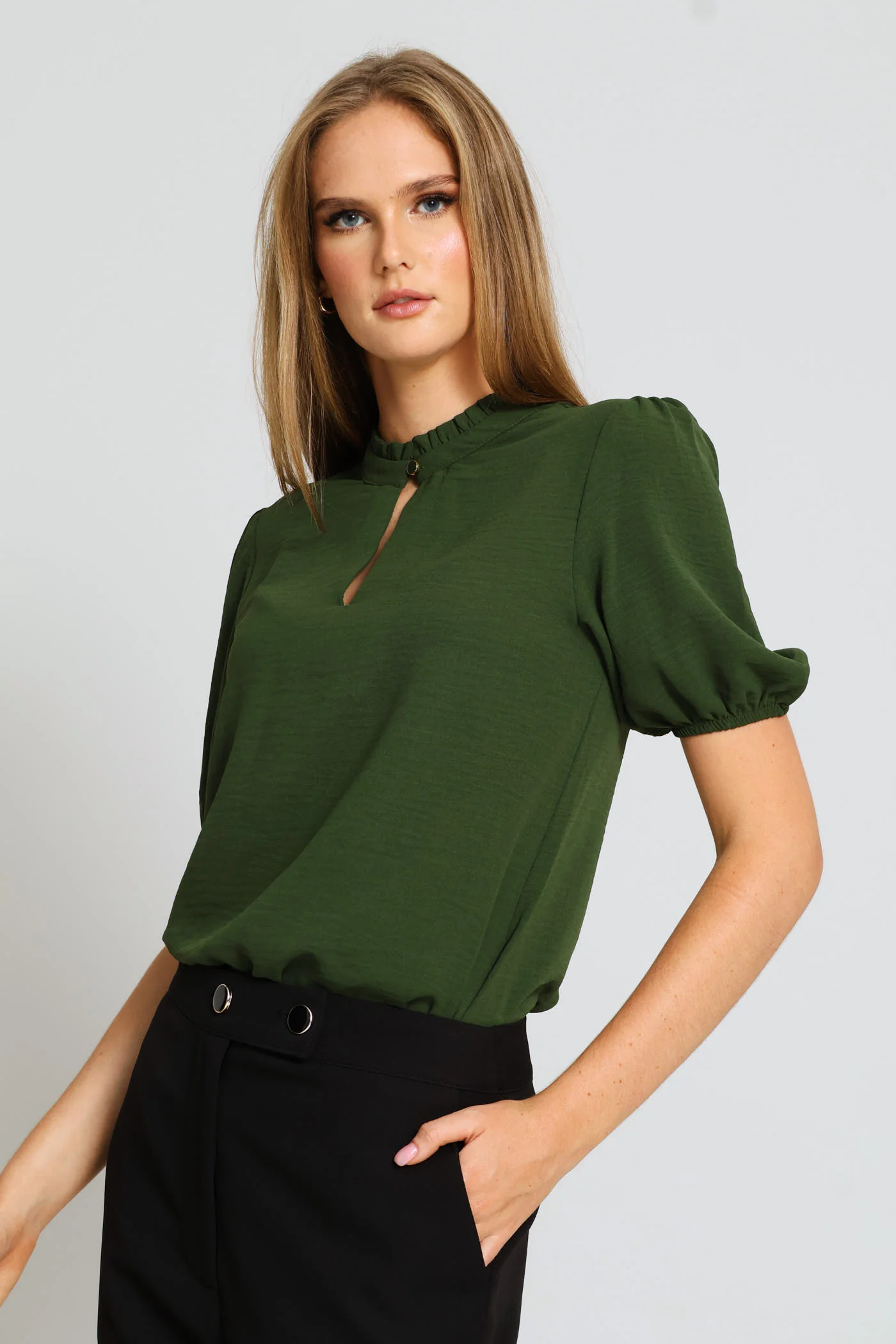 Keyhole Puff Sleeve Blouse - Fatigue - Image 7