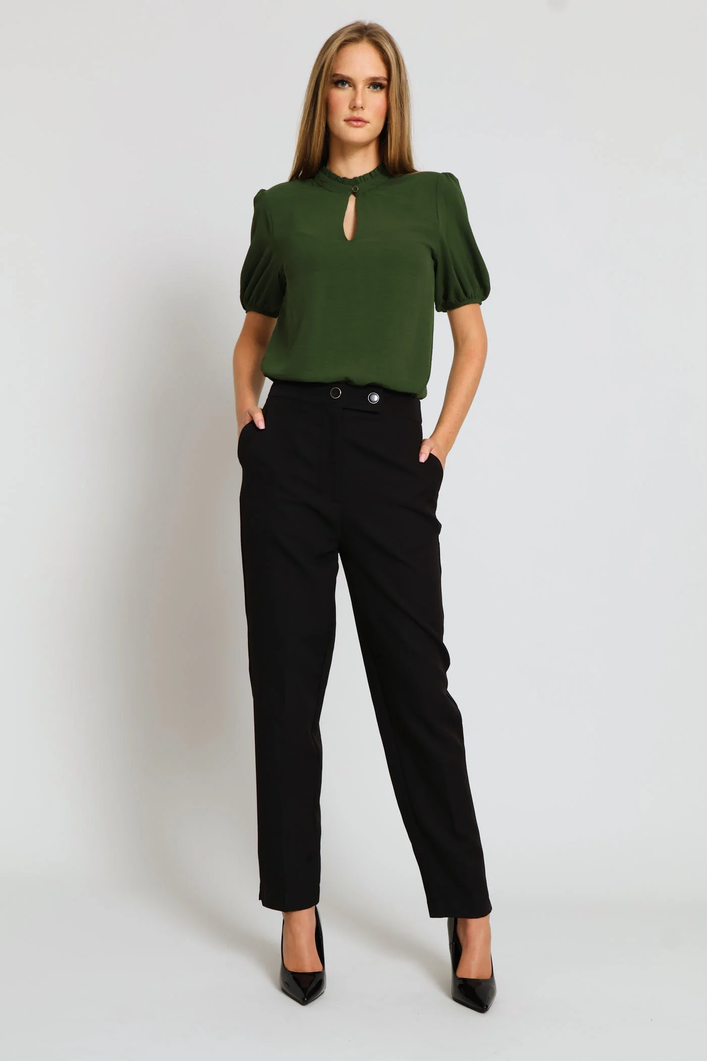 Keyhole Puff Sleeve Blouse - Fatigue - Image 8