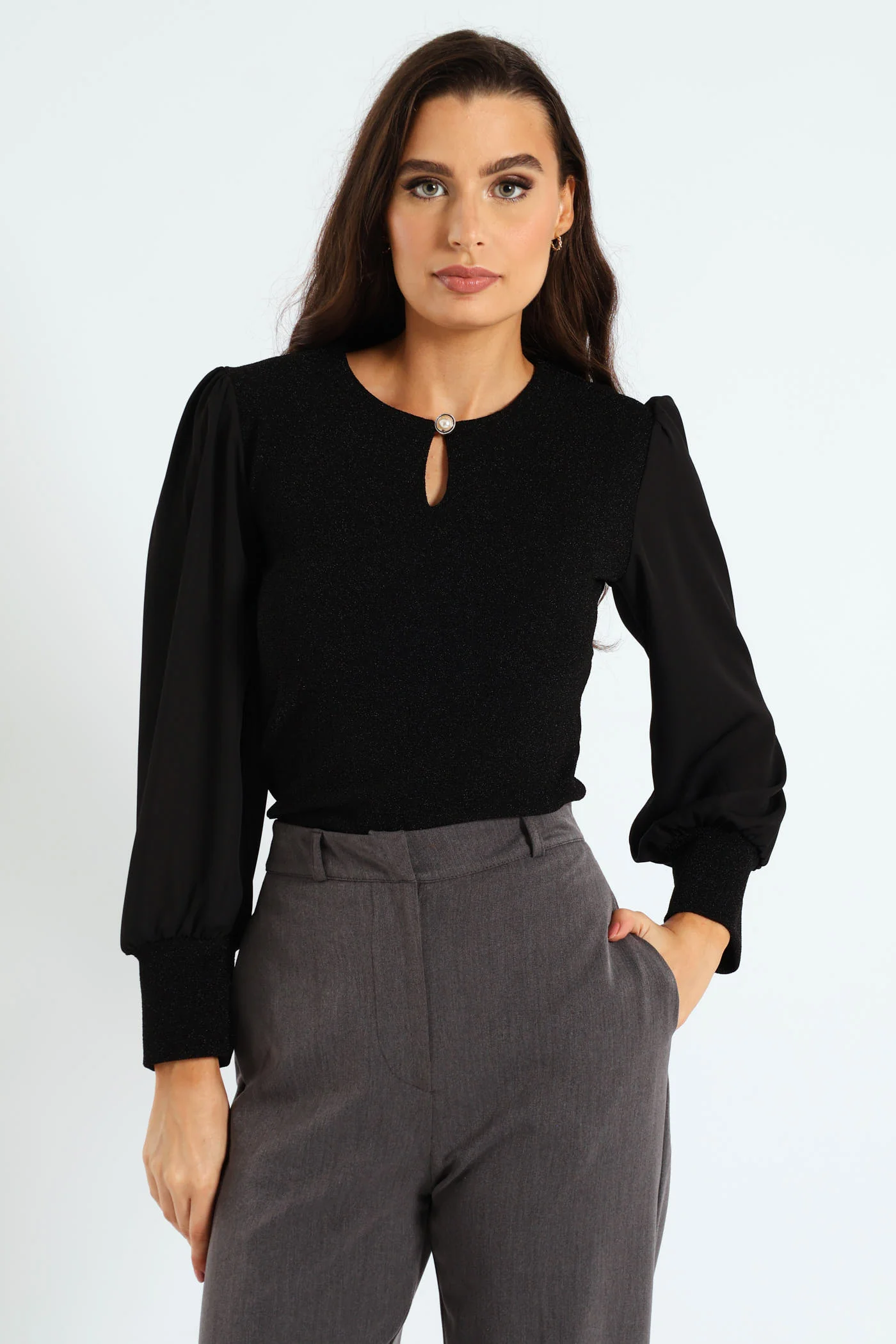 Keyhole Shimmer Combo Blouse - Black - Image 2