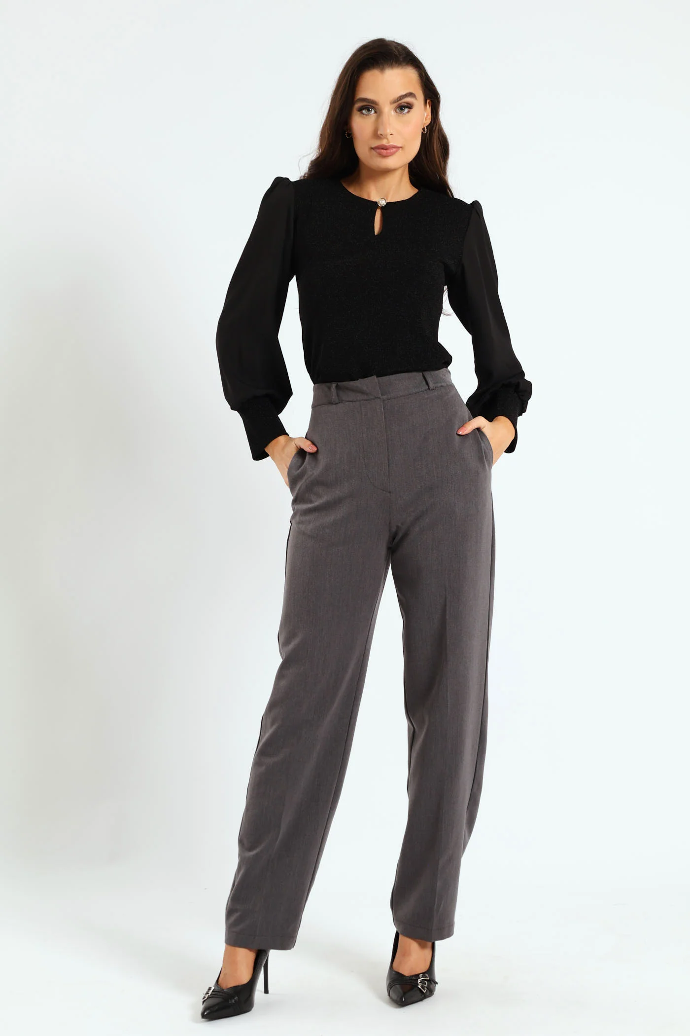 Keyhole Shimmer Combo Blouse - Black - Image 3