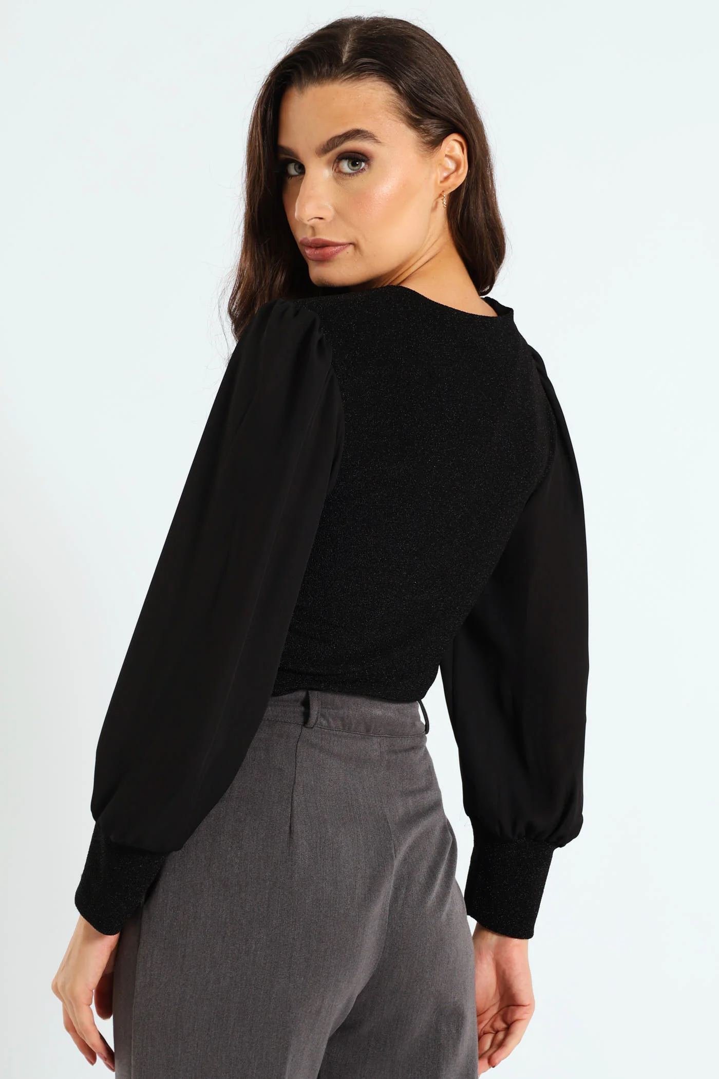 Keyhole Shimmer Combo Blouse - Black - Image 5