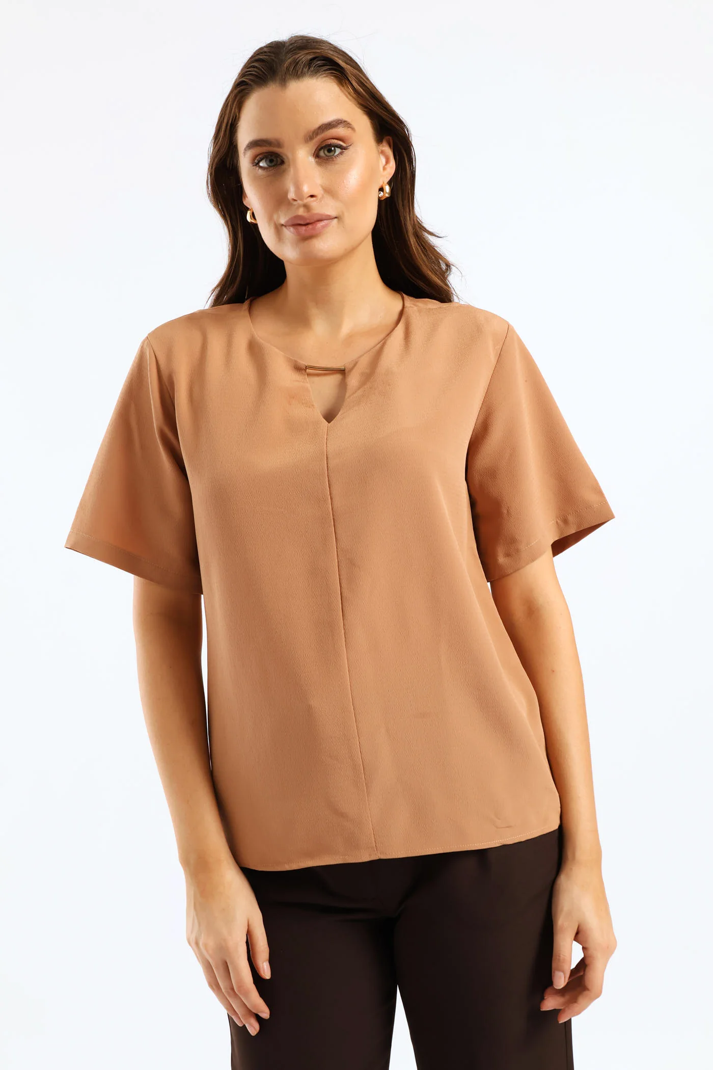Keyhole Trim Popover Blouse - Brown - Image 2
