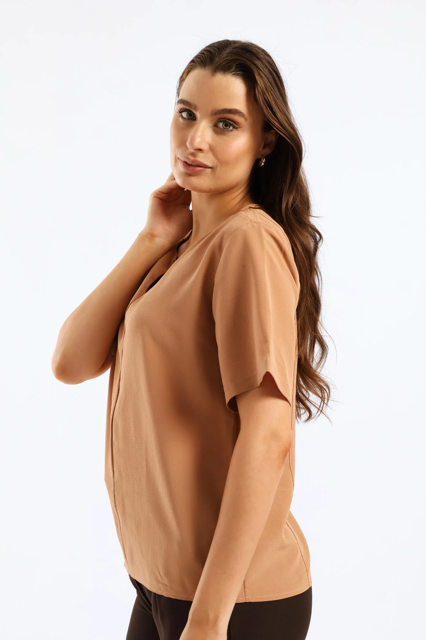 Keyhole Trim Popover Blouse - Brown - Image 3