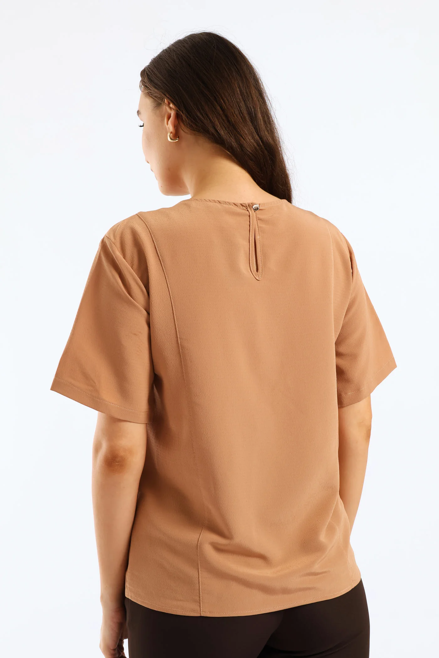 Keyhole Trim Popover Blouse - Brown - Image 4