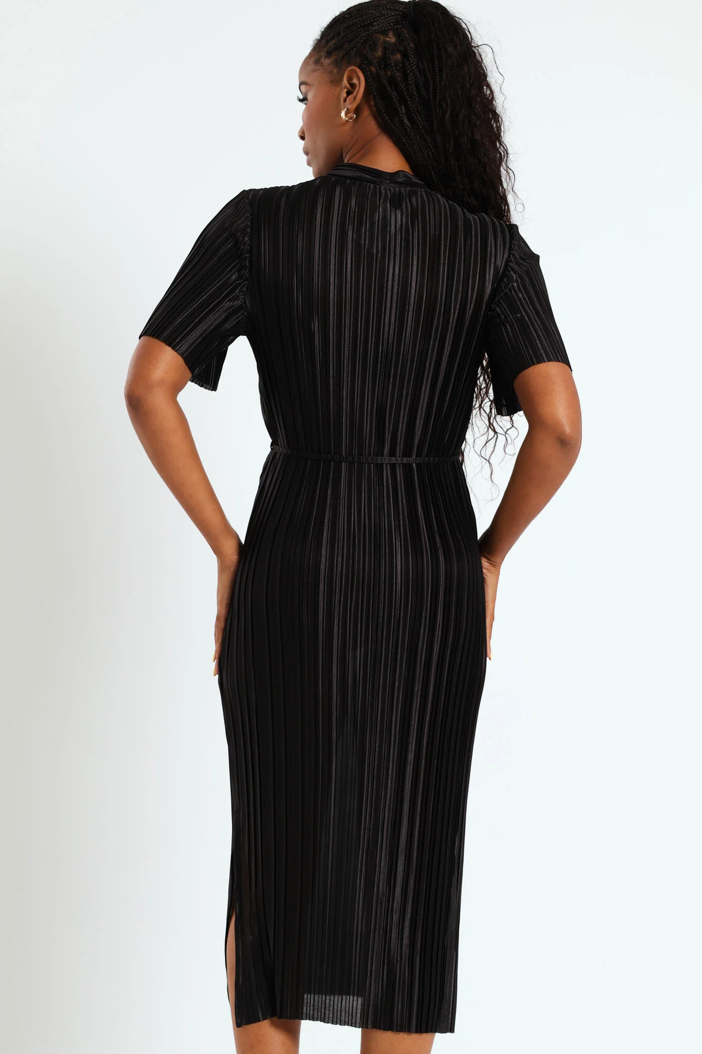 Kitty Bow Belted Plisse Midi Dress - Black - Image 2