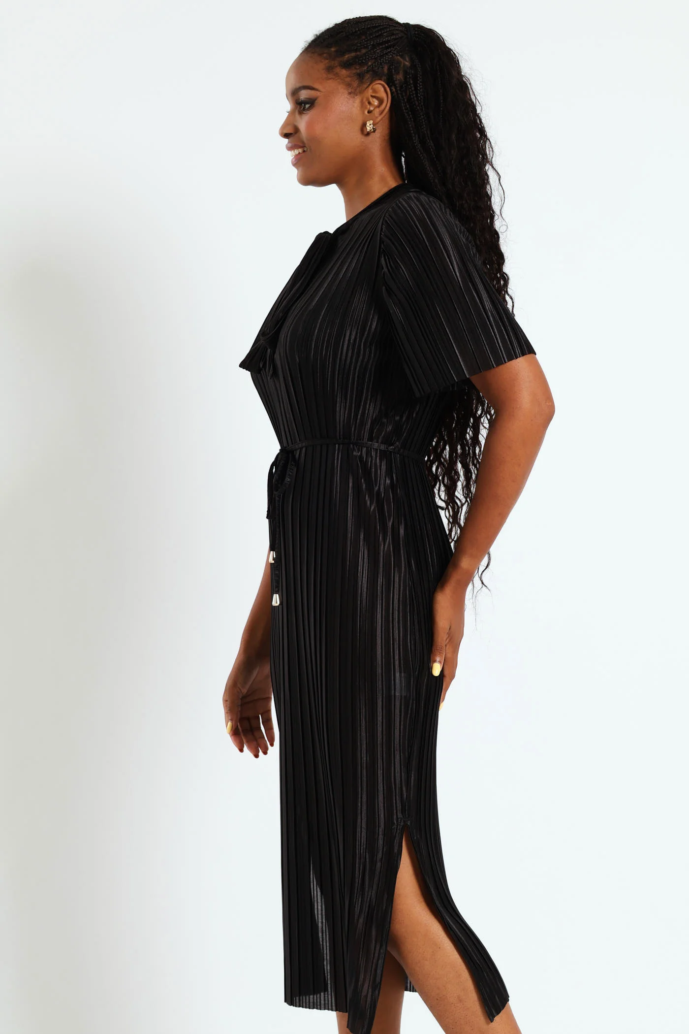 Kitty Bow Belted Plisse Midi Dress - Black - Image 3