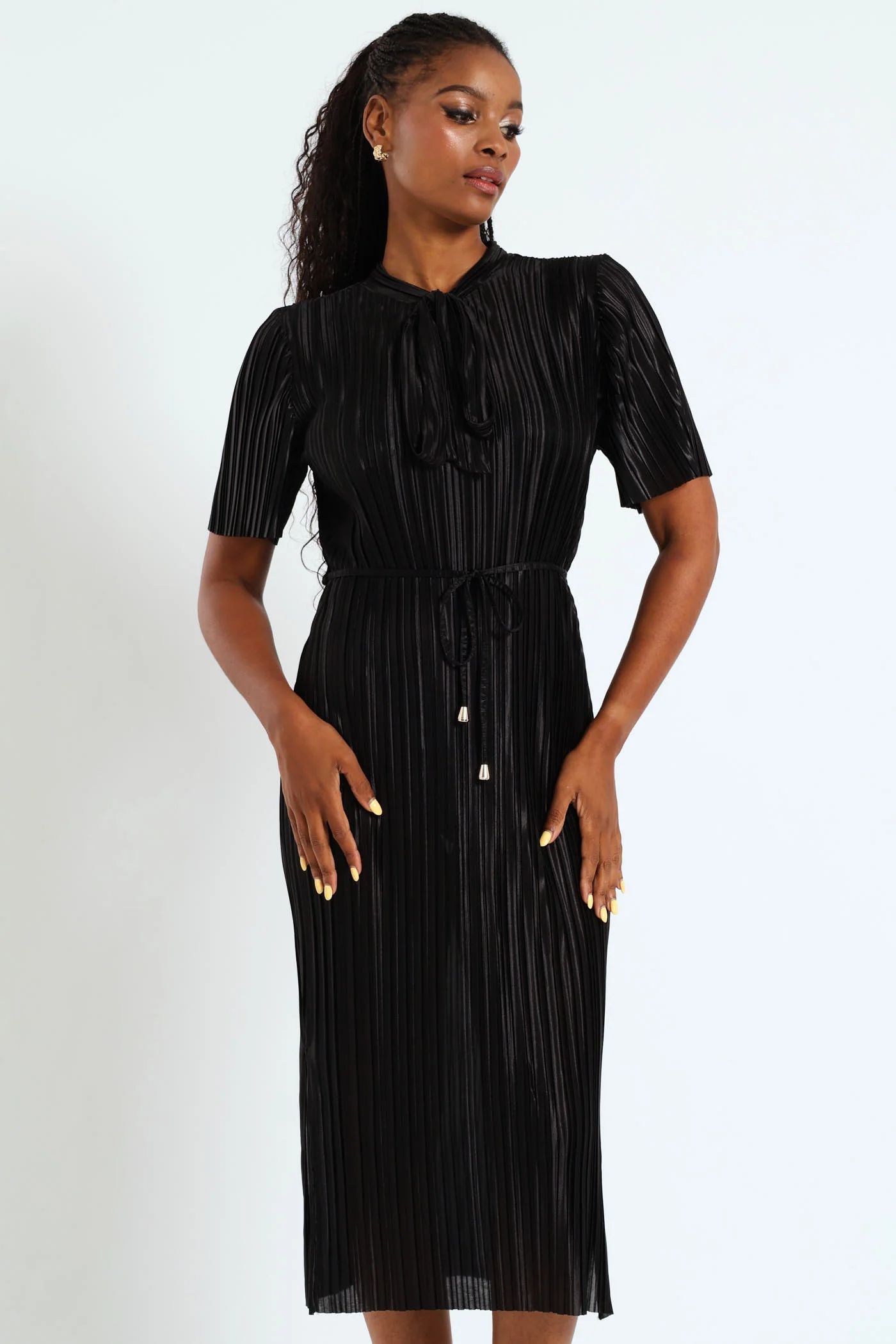 Kitty Bow Belted Plisse Midi Dress - Black - Image 4