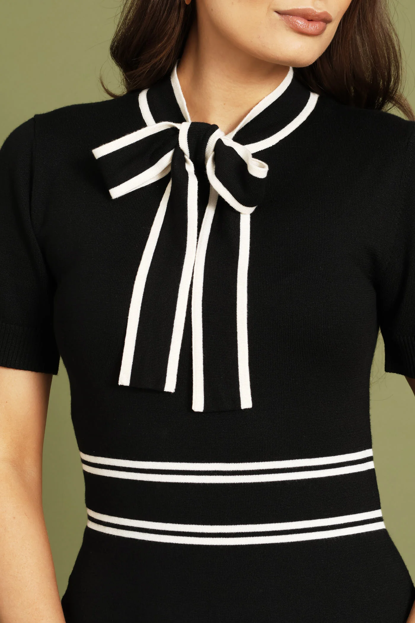 Kitty Bow Bodycon Knitwear Dress - Black/Cream - Image 2