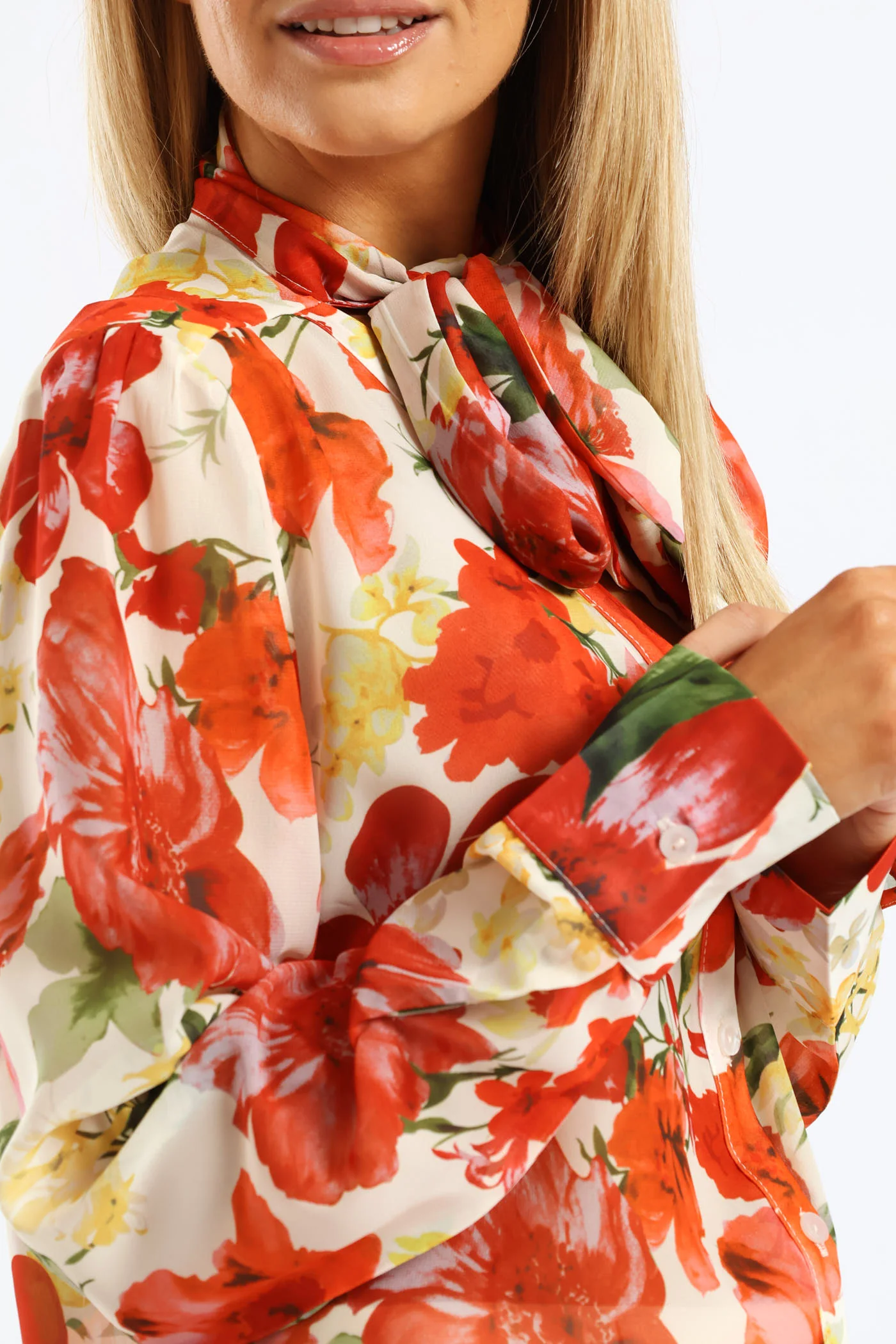 Kitty Bow Bold Floral Blouse - Cream - Image 2