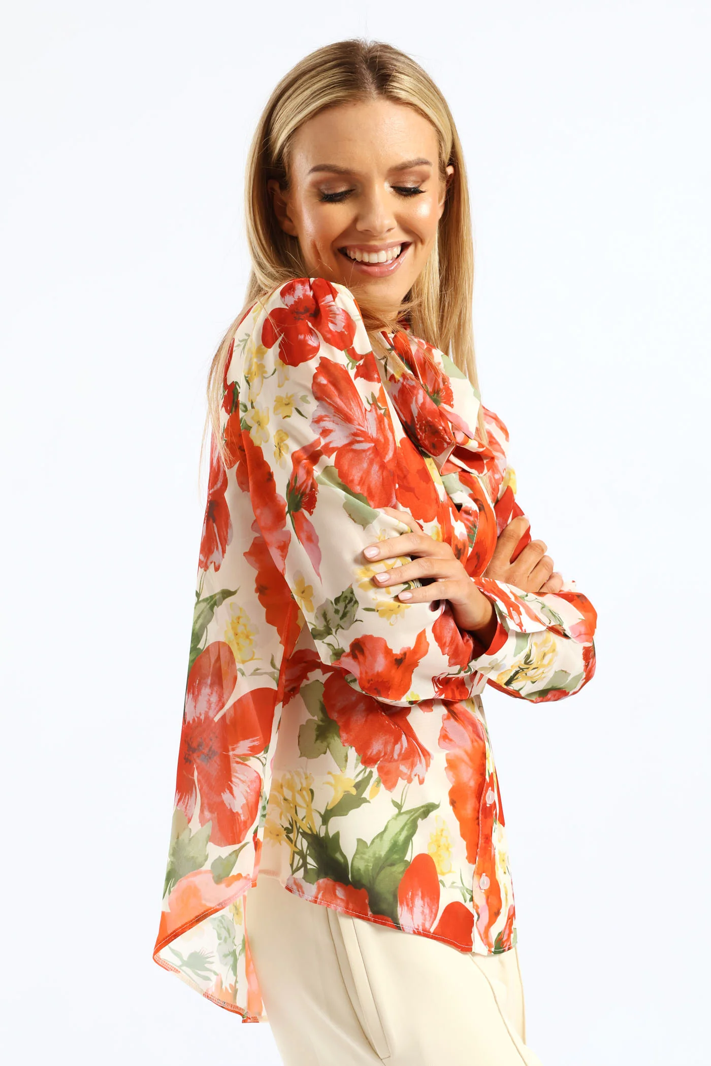 Kitty Bow Bold Floral Blouse - Cream - Image 4