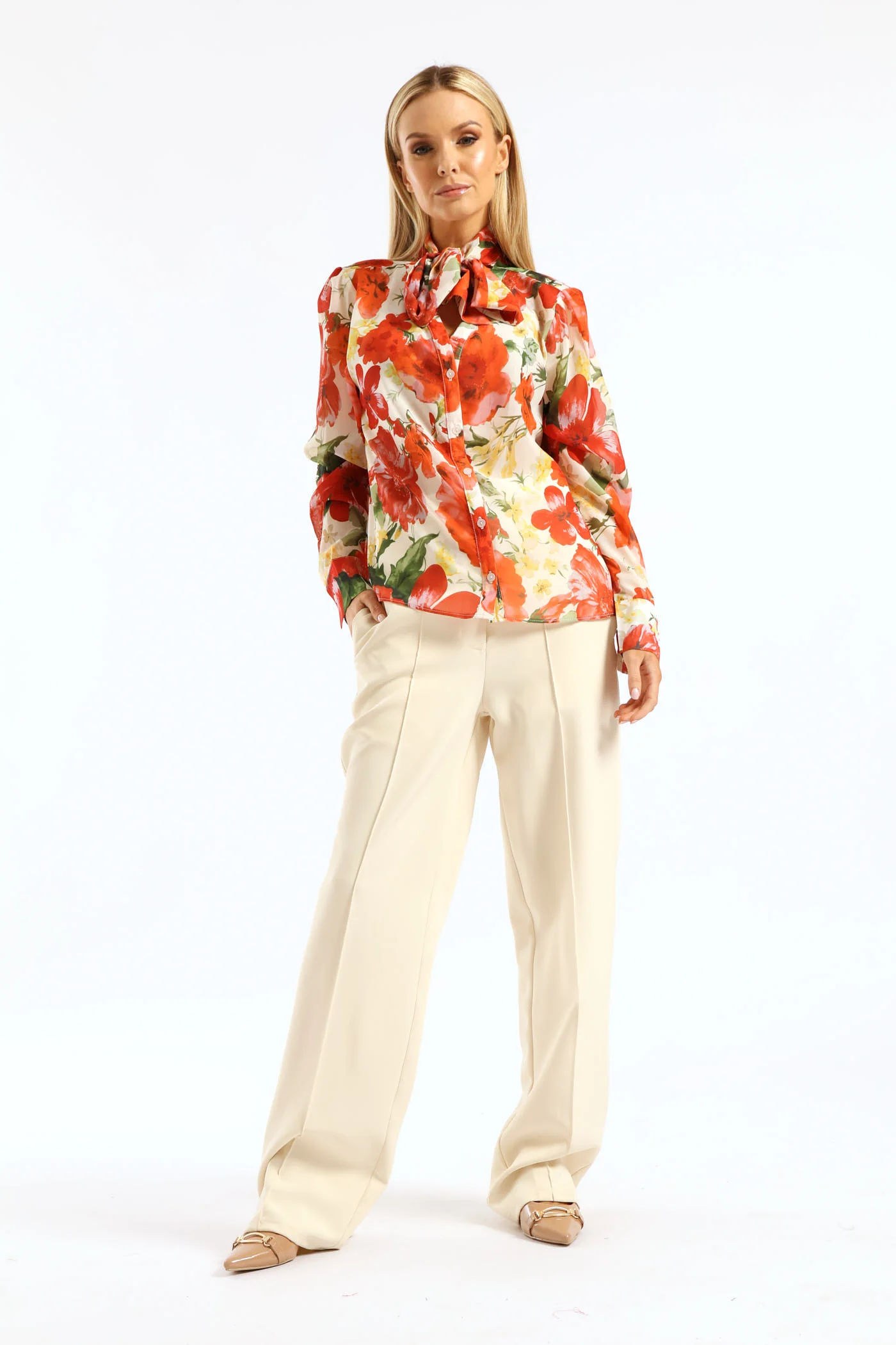 Kitty Bow Bold Floral Blouse - Cream - Image 5