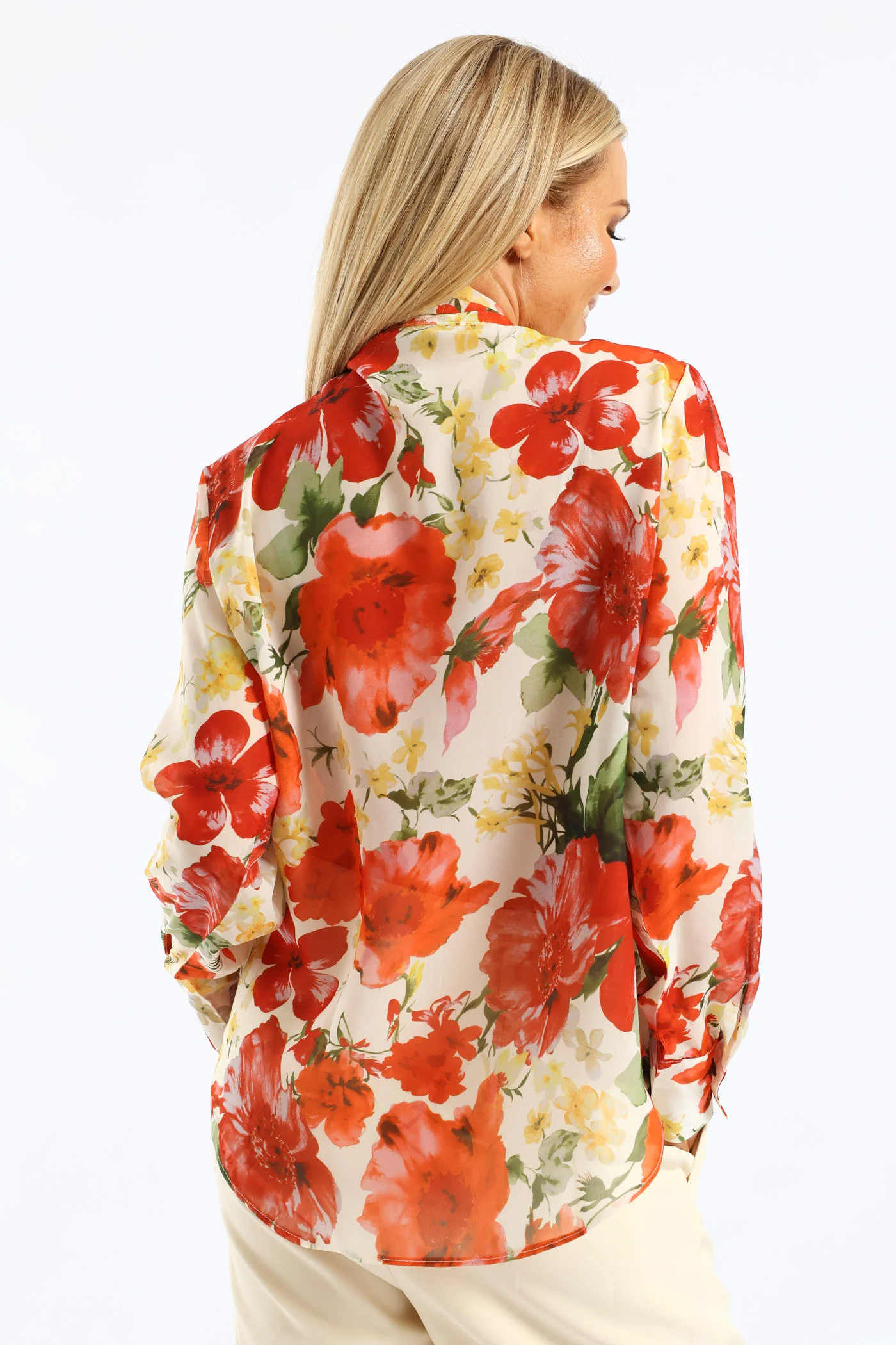 Kitty Bow Bold Floral Blouse - Cream - Image 6