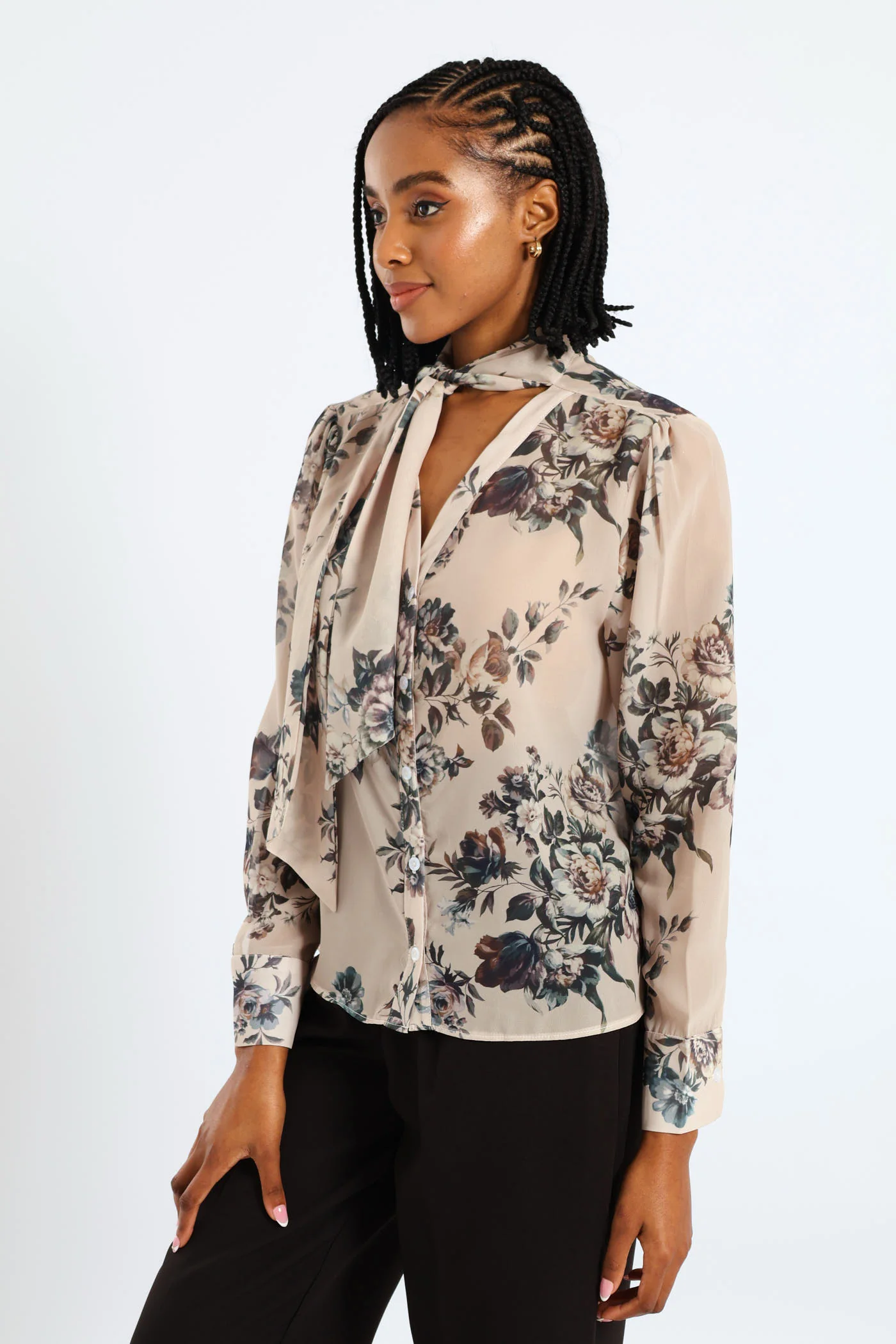 Kitty Bow Floral Romantic Chiffon Blouse - Cream - Image 2