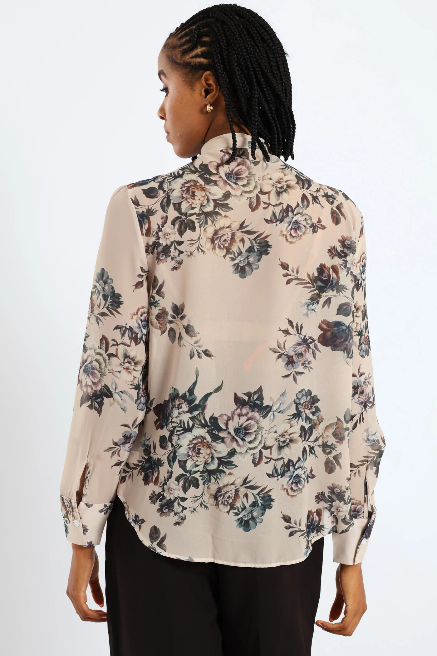 Kitty Bow Floral Romantic Chiffon Blouse - Cream - Image 3
