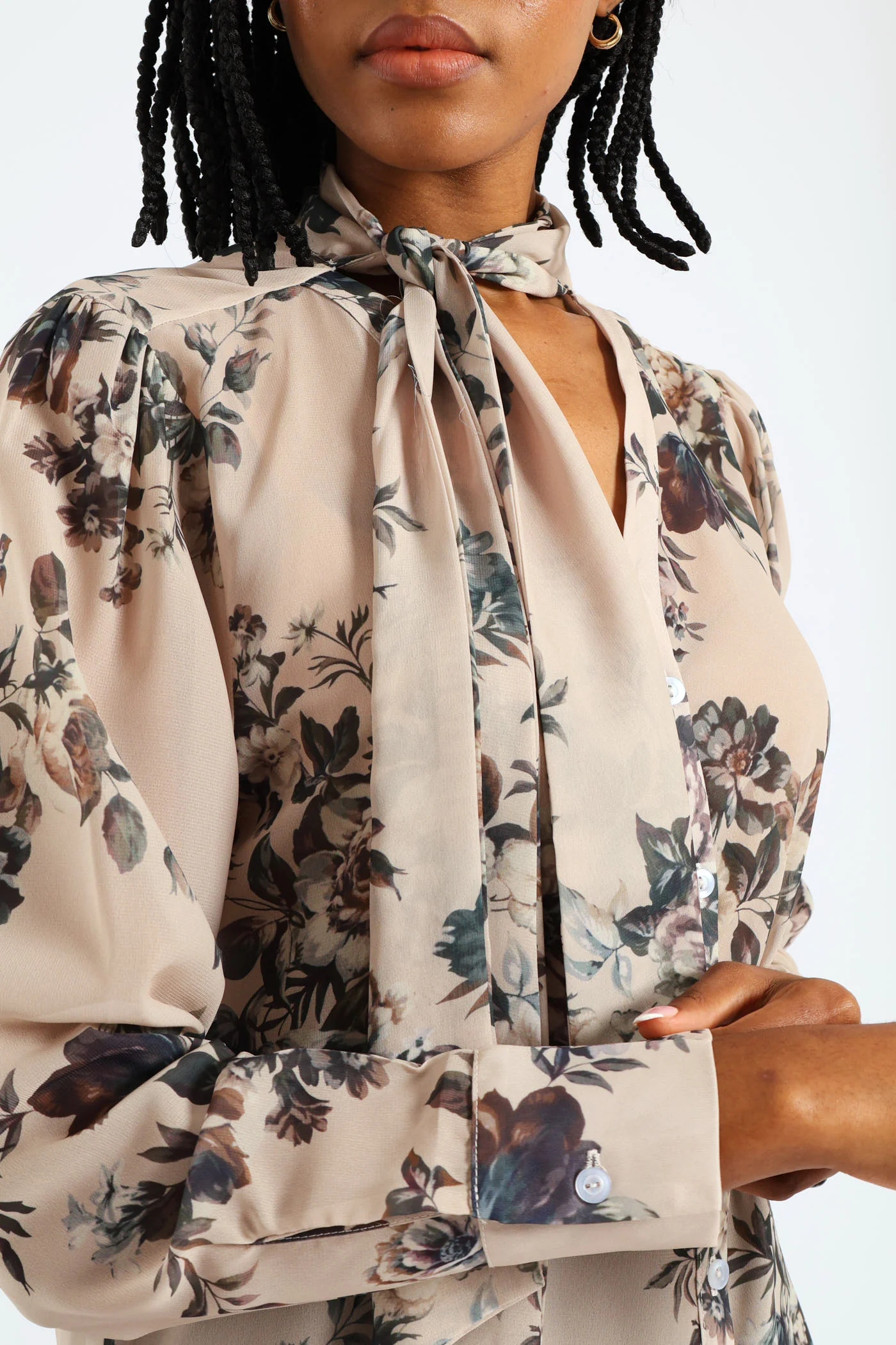 Kitty Bow Floral Romantic Chiffon Blouse - Cream - Image 4