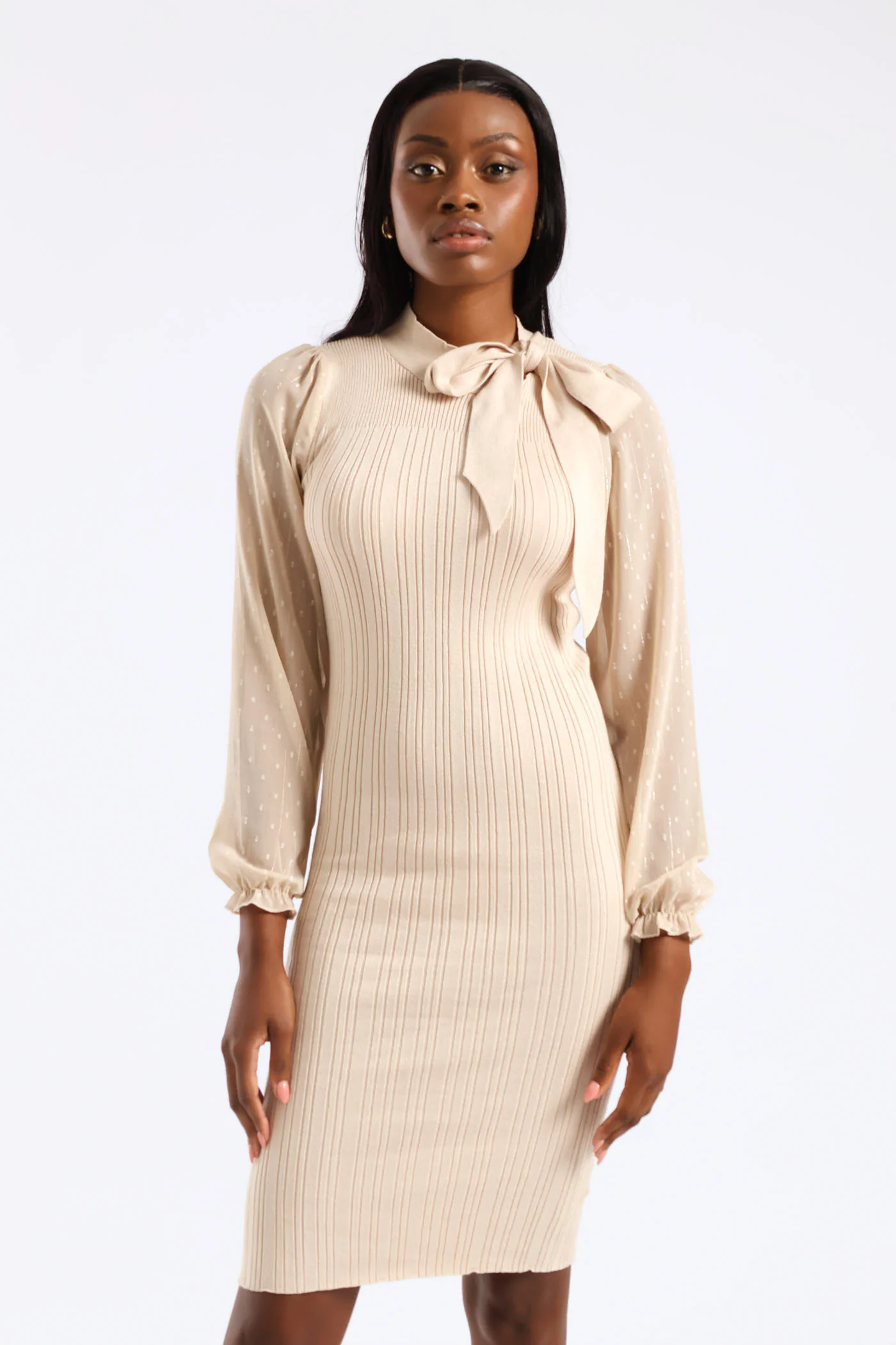 Kitty Bow Knitwear Combo Dress - Stone - Image 3