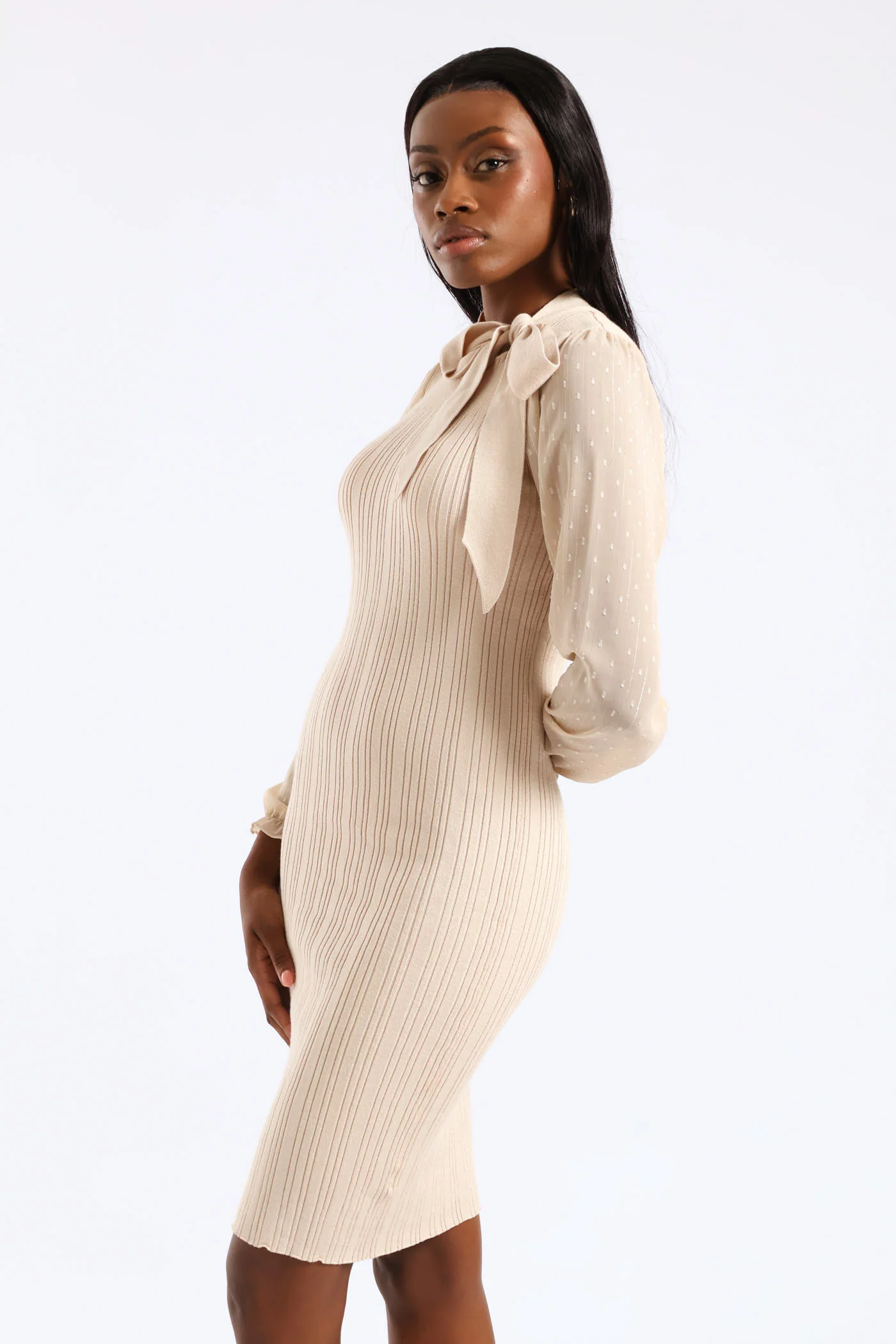Kitty Bow Knitwear Combo Dress - Stone - Image 4