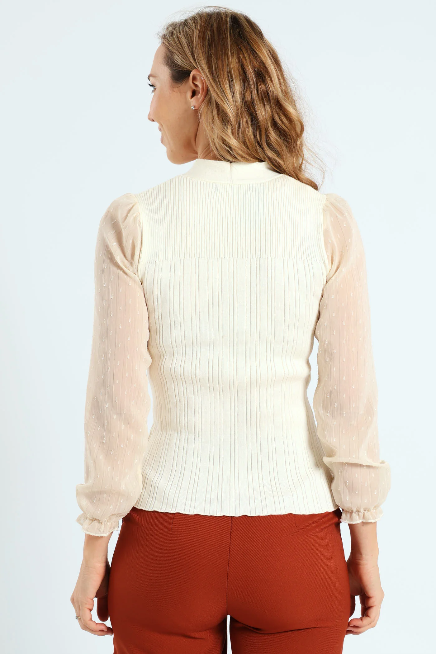 Kitty Bow Knitwear Combo Pullover - Cream - Image 5