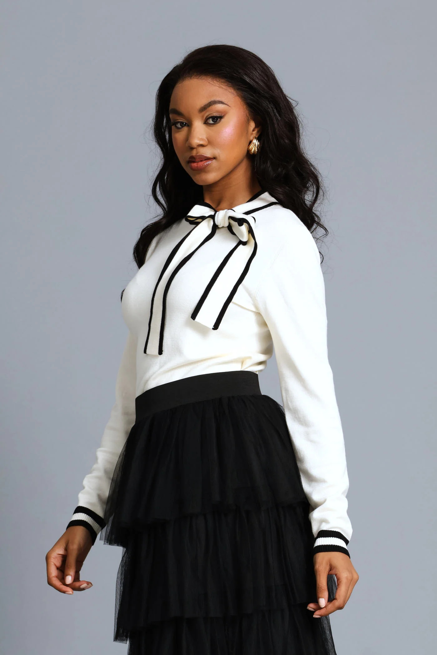 Kitty Bow Long Sleeve Pullover Tee - Cream/Black - Image 5