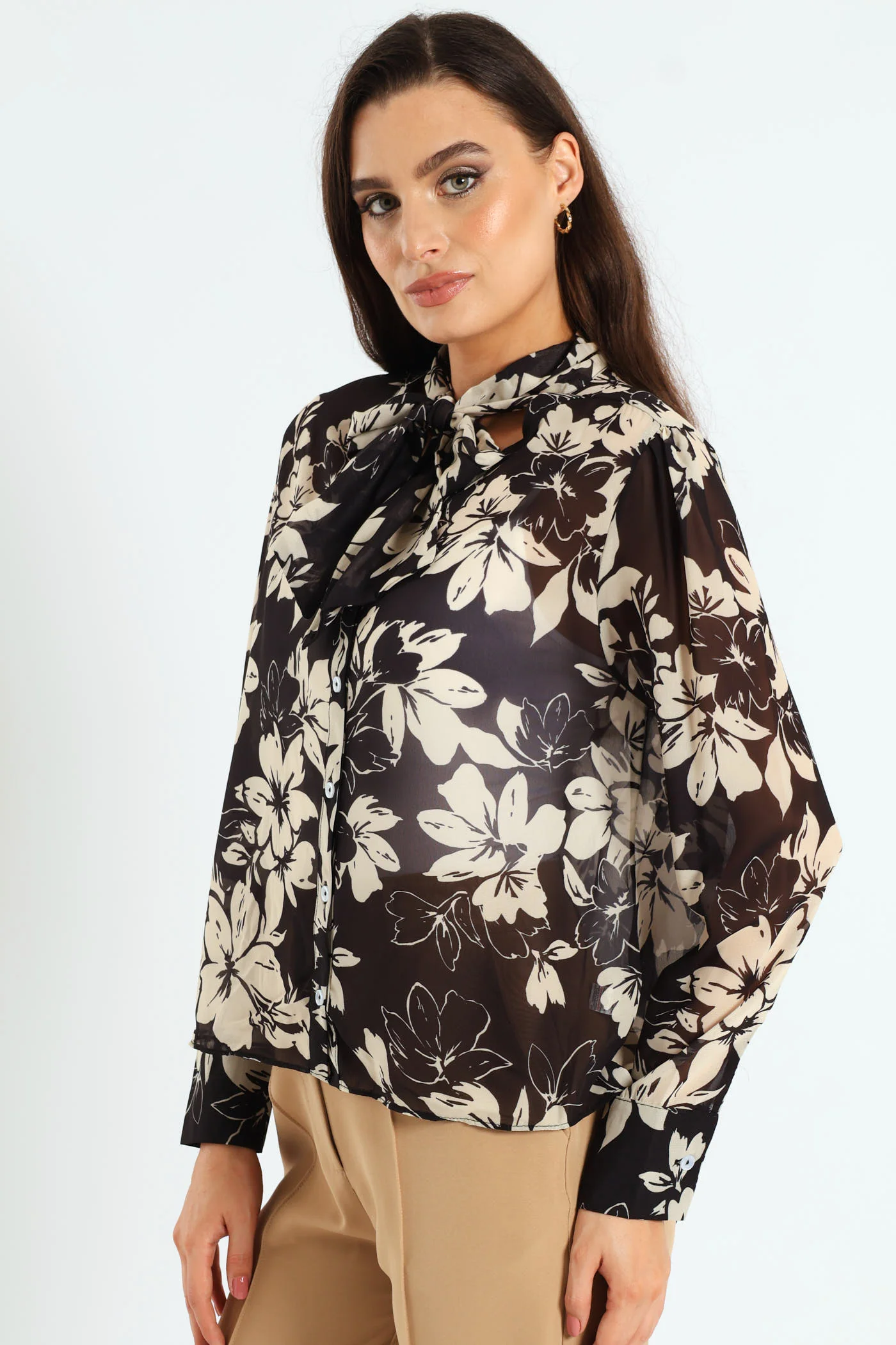 Kitty Bow Monochrome Floral Blouse - Black/Cream - Image 2